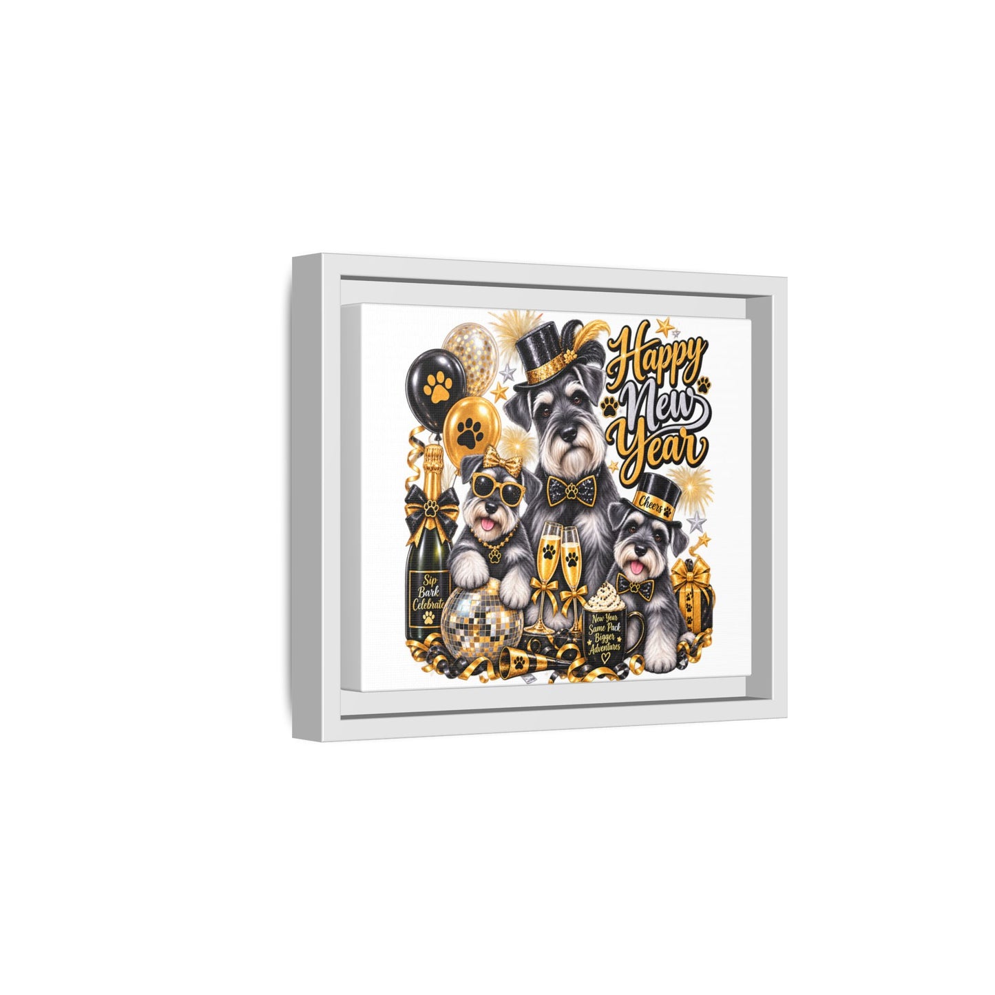 Happy New Year Schnauzer Holiday Canvas Print — Framed Matte Wall Art