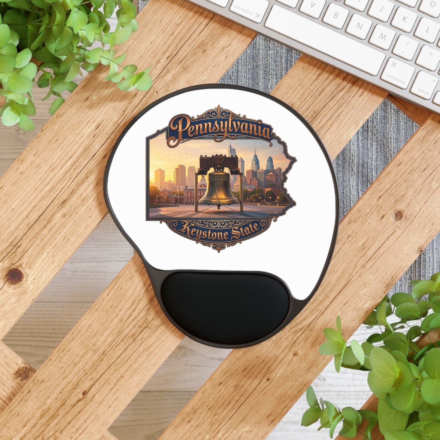 Pennsylvania Keystone State Mouse Pad with Wrist Rest — Vintage Liberty Bell City Skyline Design