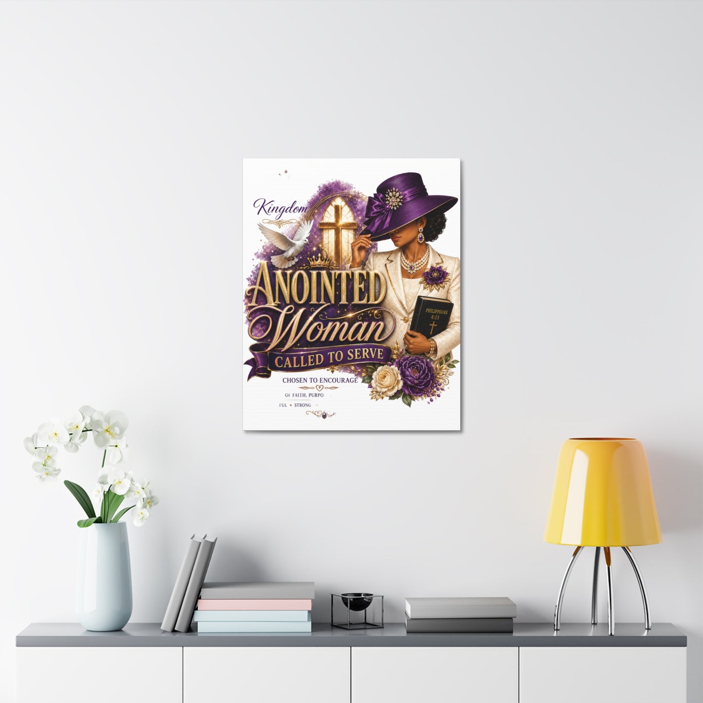 Anointed Woman Stretched Canvas — "Called to Serve" Faith Wall Art (Purple Hat & Bible)