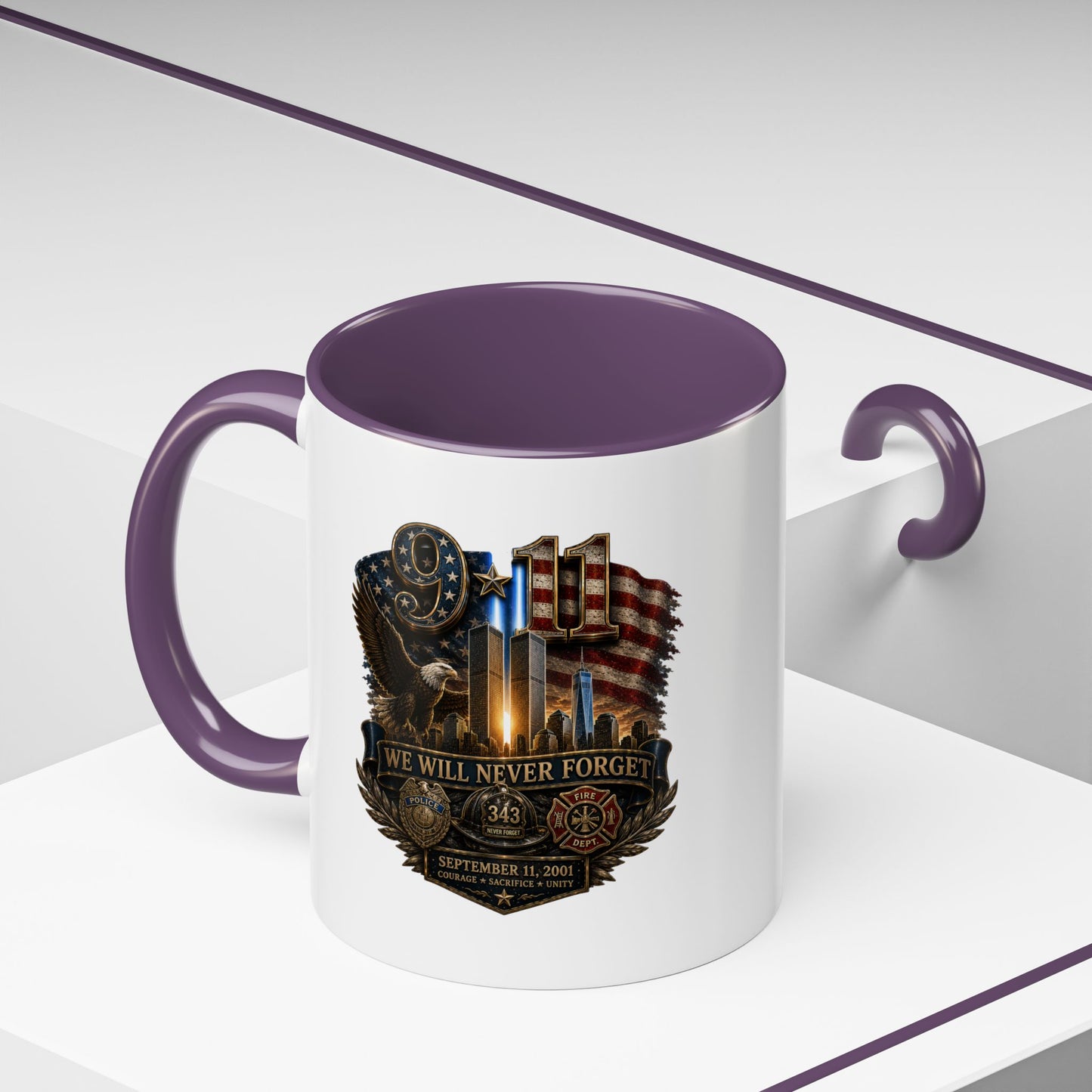 We Will Never Forget 9/11 Memorial Coffee Mug — Patriotic Tribute Accent Mug