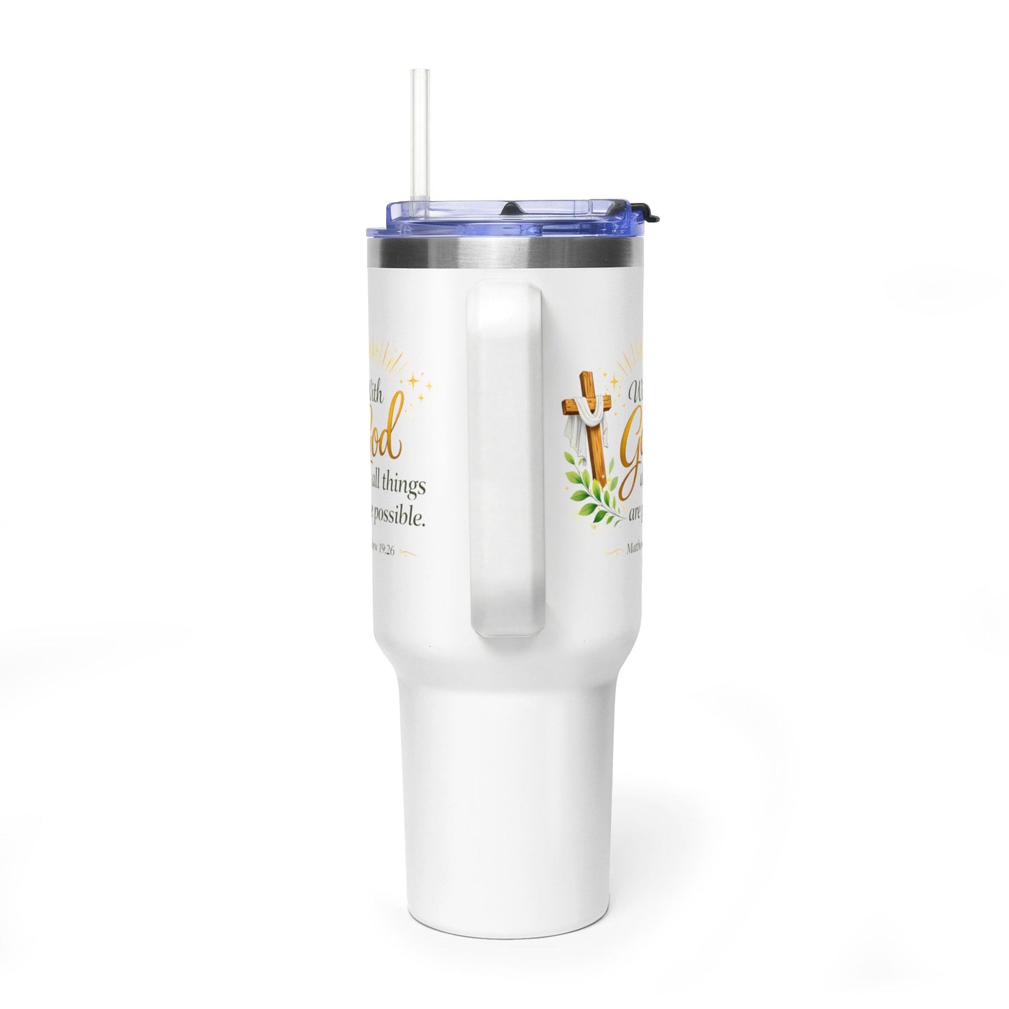 40oz Vacuum Tumbler with Handle - "With God All Things Are Possible" Christian Insulated Travel Mug