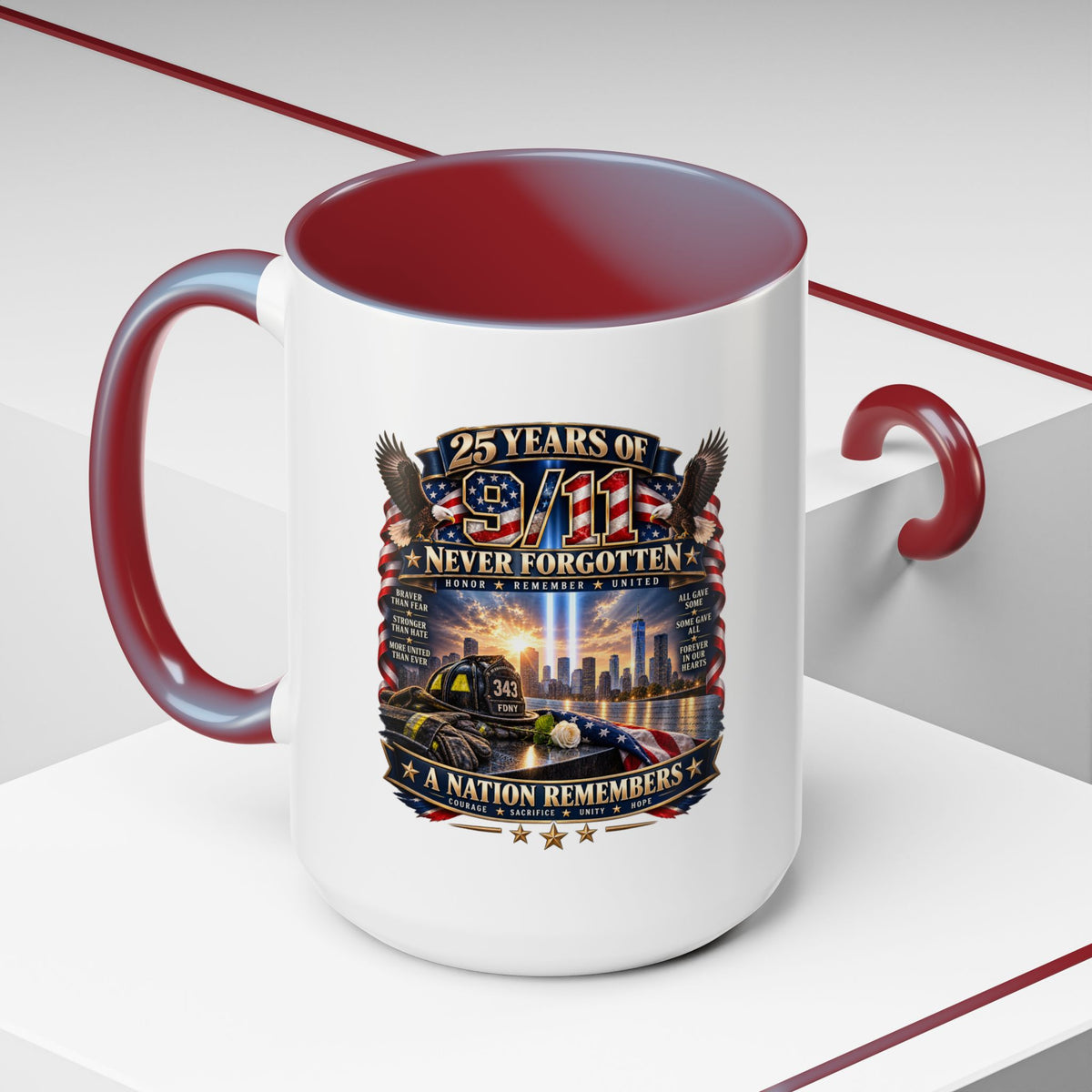 9/11 Memorial Coffee Mug — "25 Years of Never Forgotten" Patriot Tribute