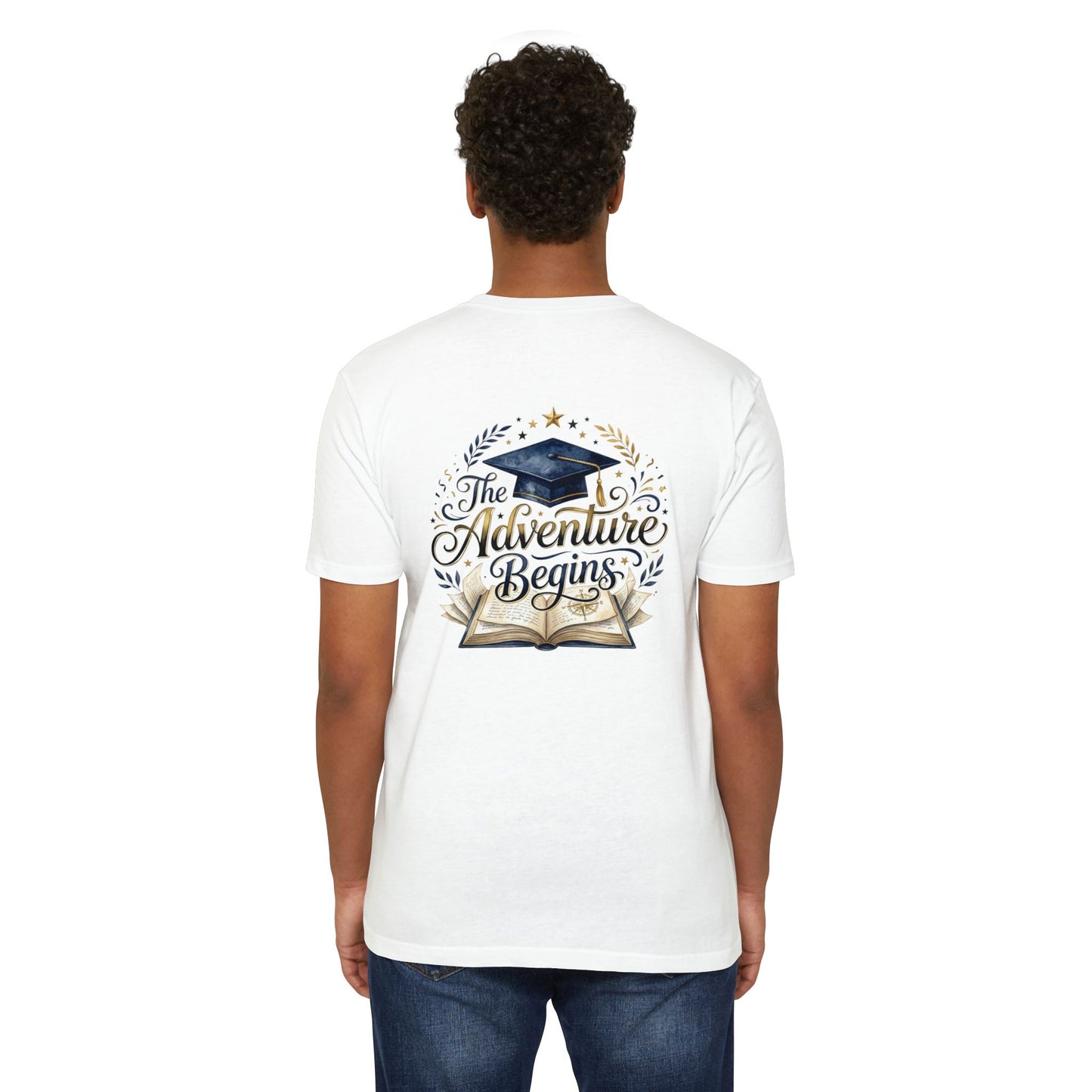 Graduation T-Shirt — "The Adventure Begins" Cap & Book Design