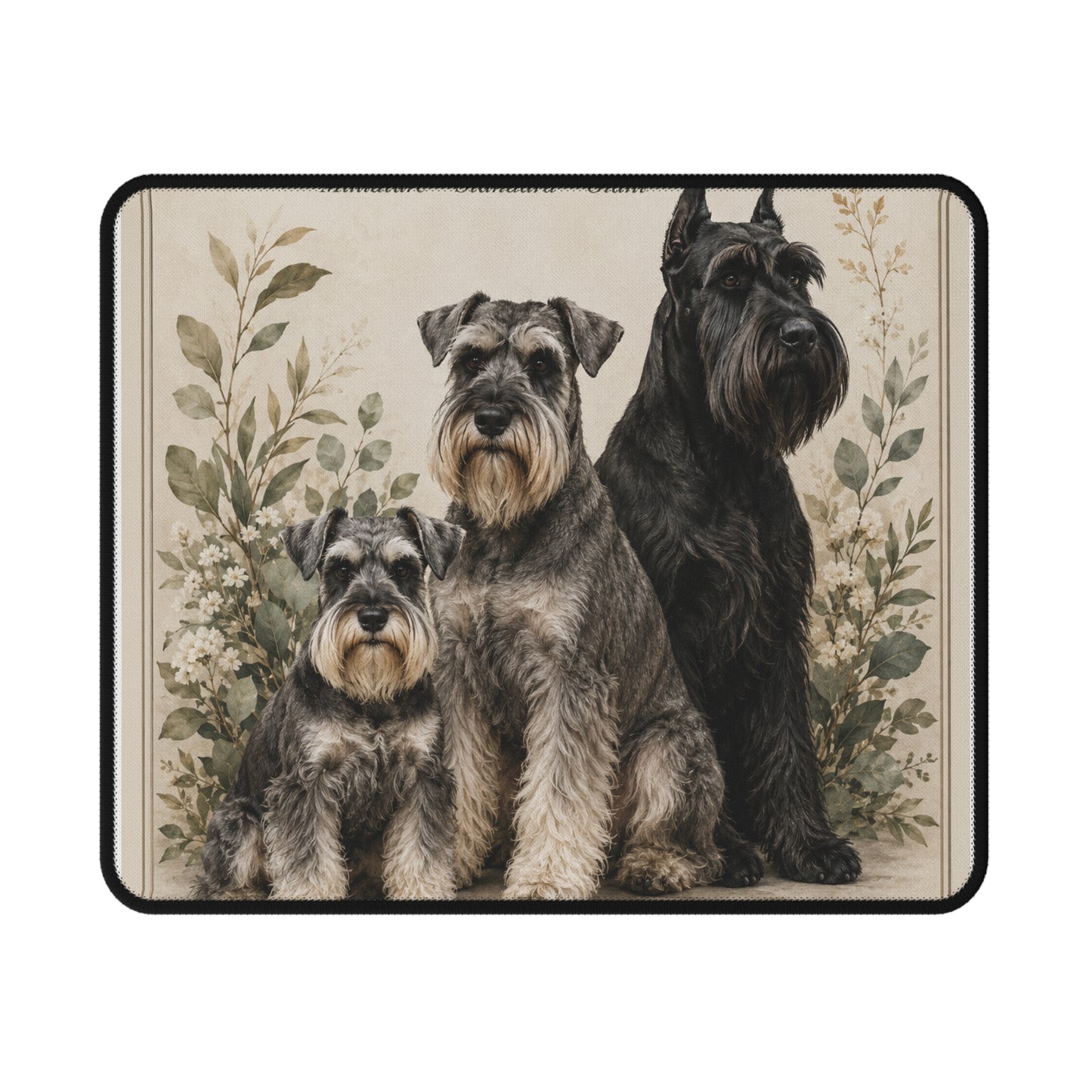 Schnauzer Trio Non-Slip Mouse Pad — Vintage Floral Gaming Desk Mat