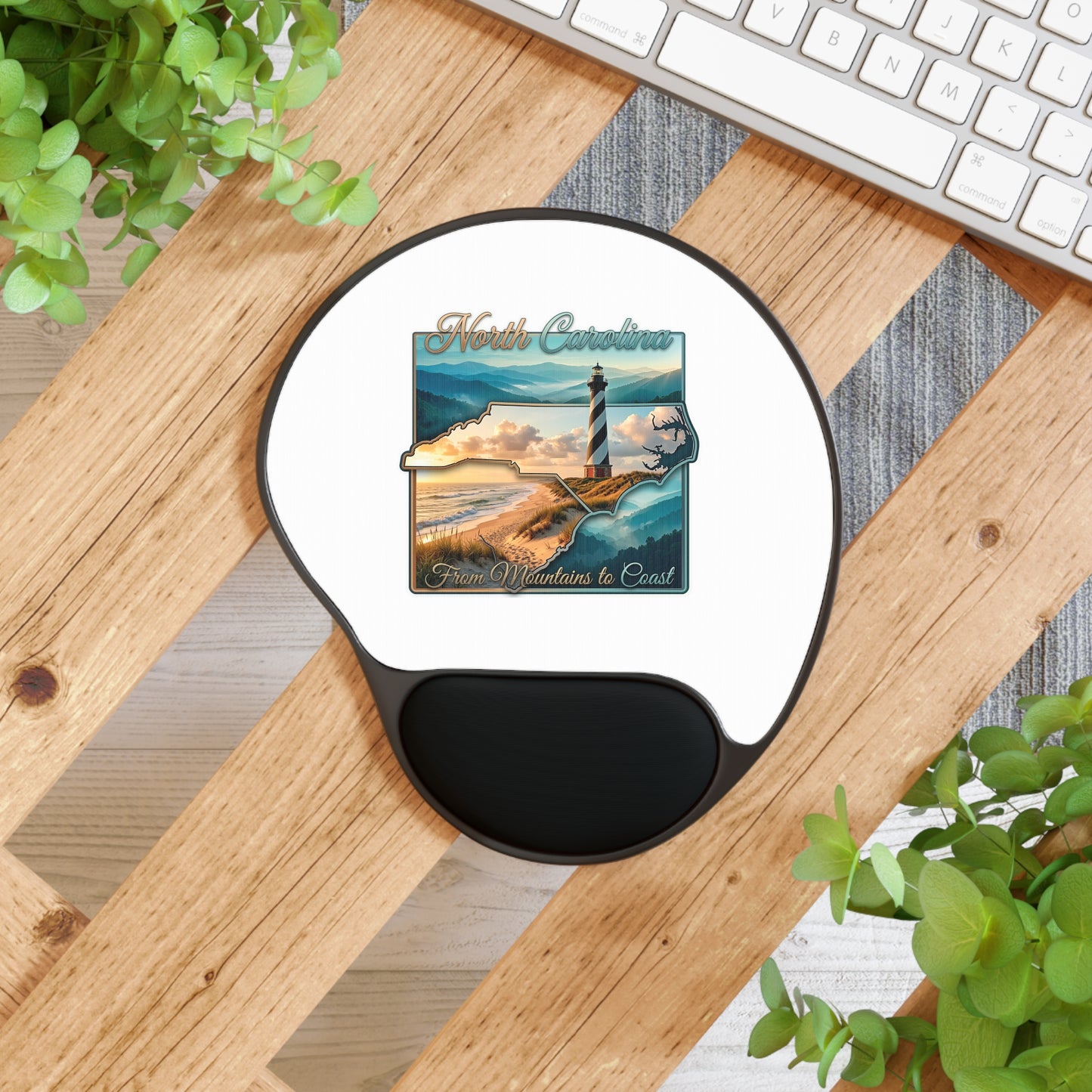 North Carolina Lighthouse Mouse Pad with Wrist Rest — "From Mountains to Coast" Travel Design