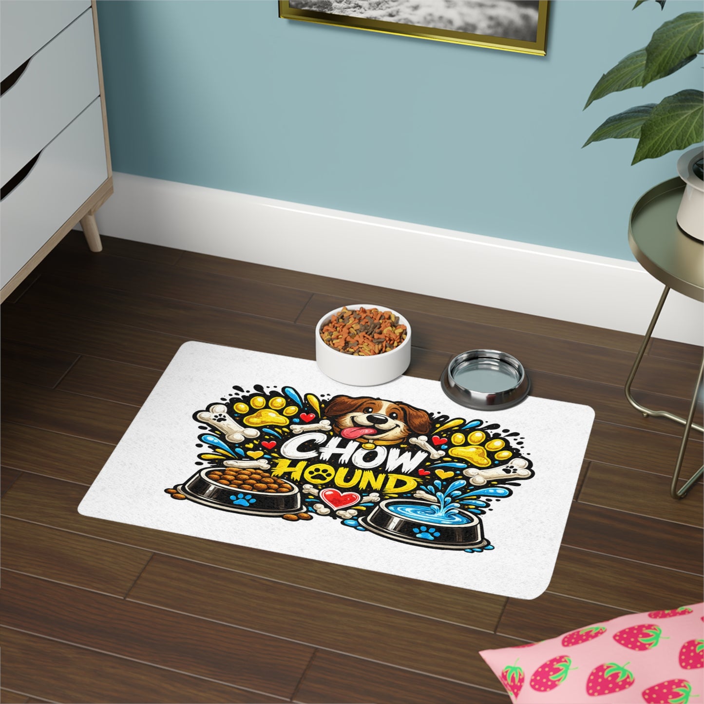 Chow Hound Dog Food Mat — Cute Paw Prints & Bowls Pet Feeding Placemat (12x18)