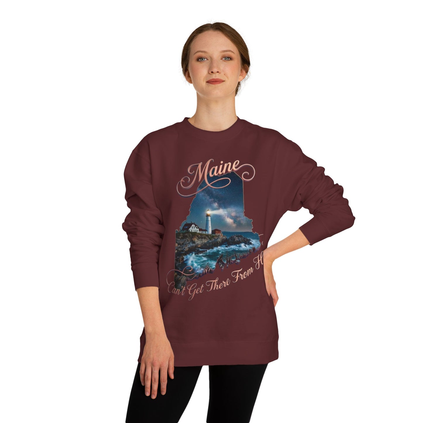 Maine Lighthouse Crewneck Sweatshirt — "Can't Get There From Here" Coastal Graphic