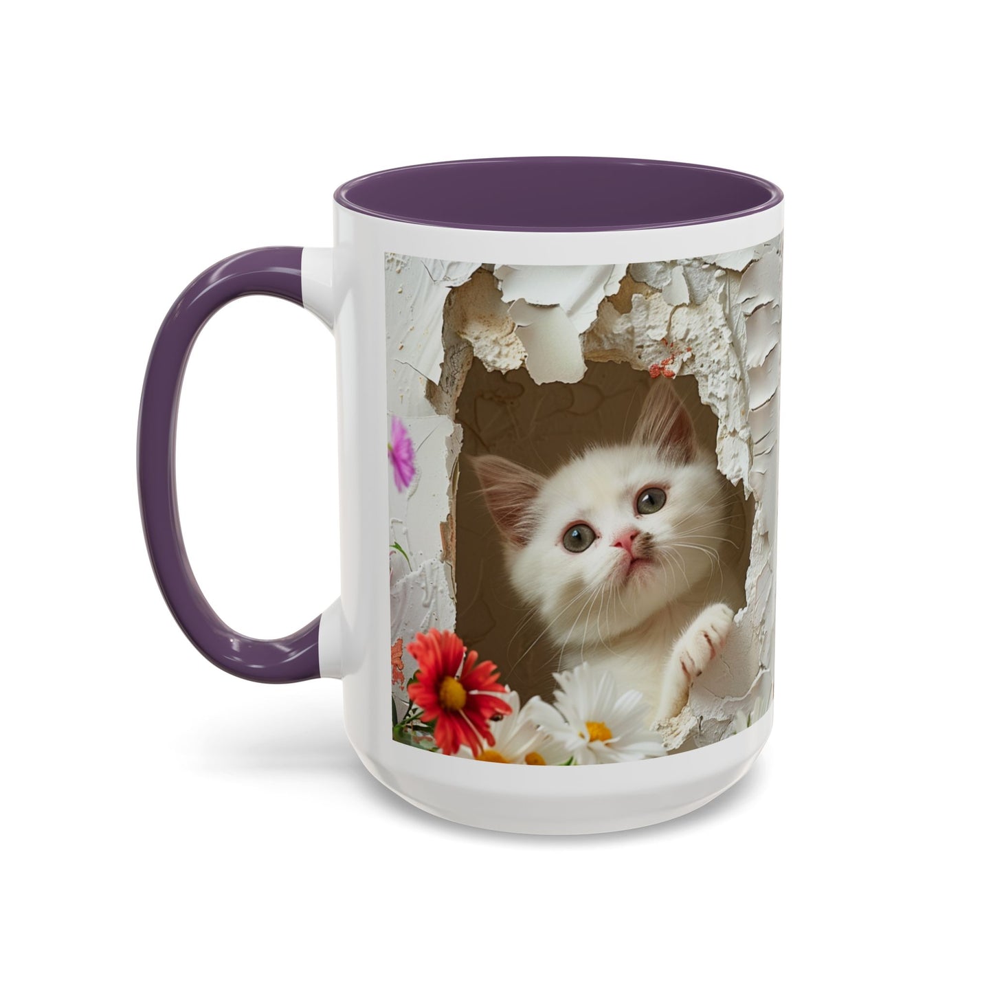 Peek-A-Boo Kitten Accent Coffee Mug — Cute Cat Floral Design (11/15oz)