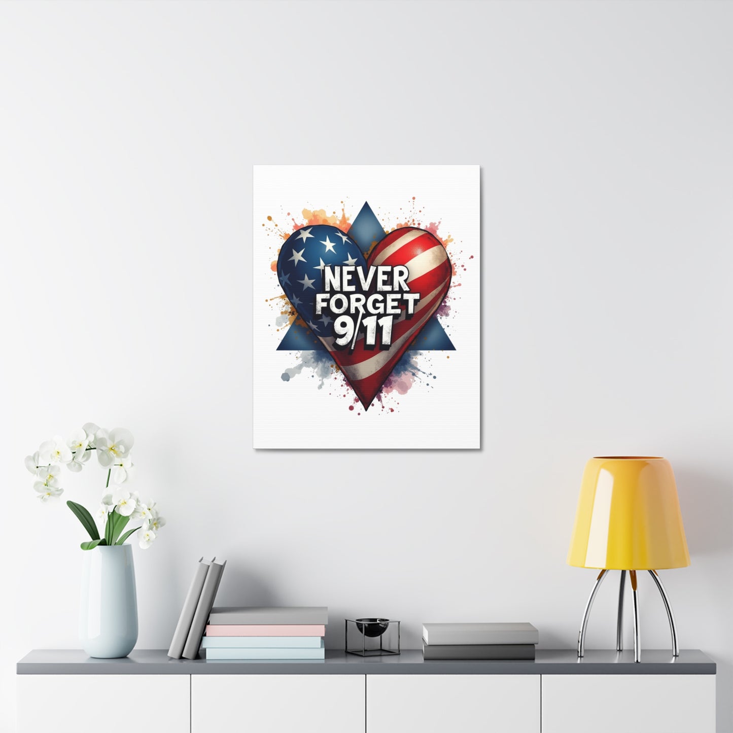 Never Forget 9/11 American Flag Heart Stretched Canvas