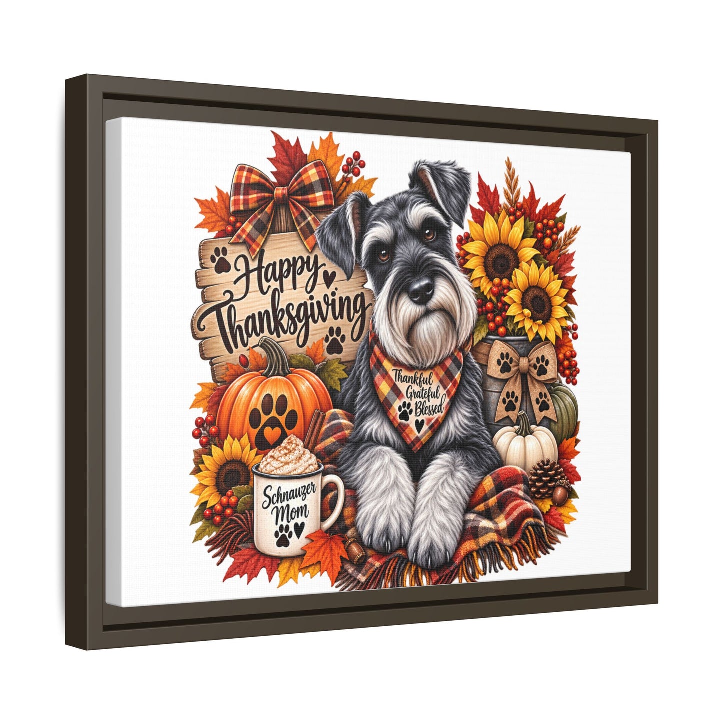 Happy Thanksgiving Schnauzer Framed Canvas — Autumn Dog Wall Art
