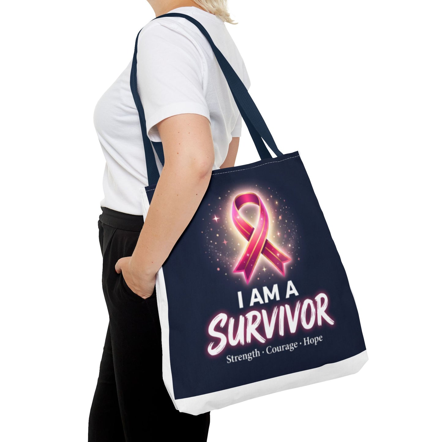 Survivor Ribbon Tote Bag — "I Am A Survivor" Breast Cancer Awareness Tote