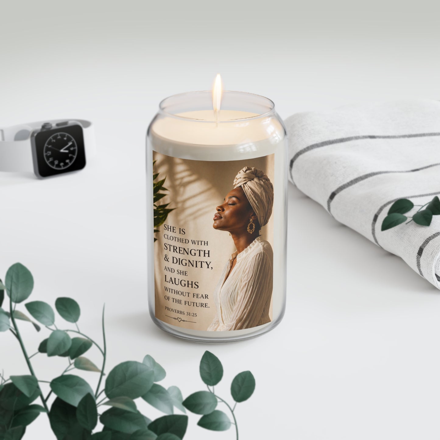 Inspirational Soy Candle 13.75oz — "She is clothed with strength & dignity" Scented Jar