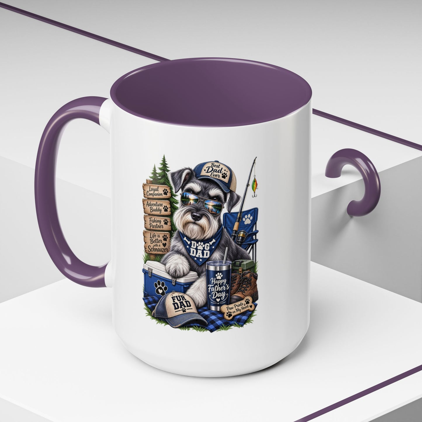 Schnauzer Dad Accent Coffee Mug – "Dog Dad" Camping Paw Print Design (11/15oz)