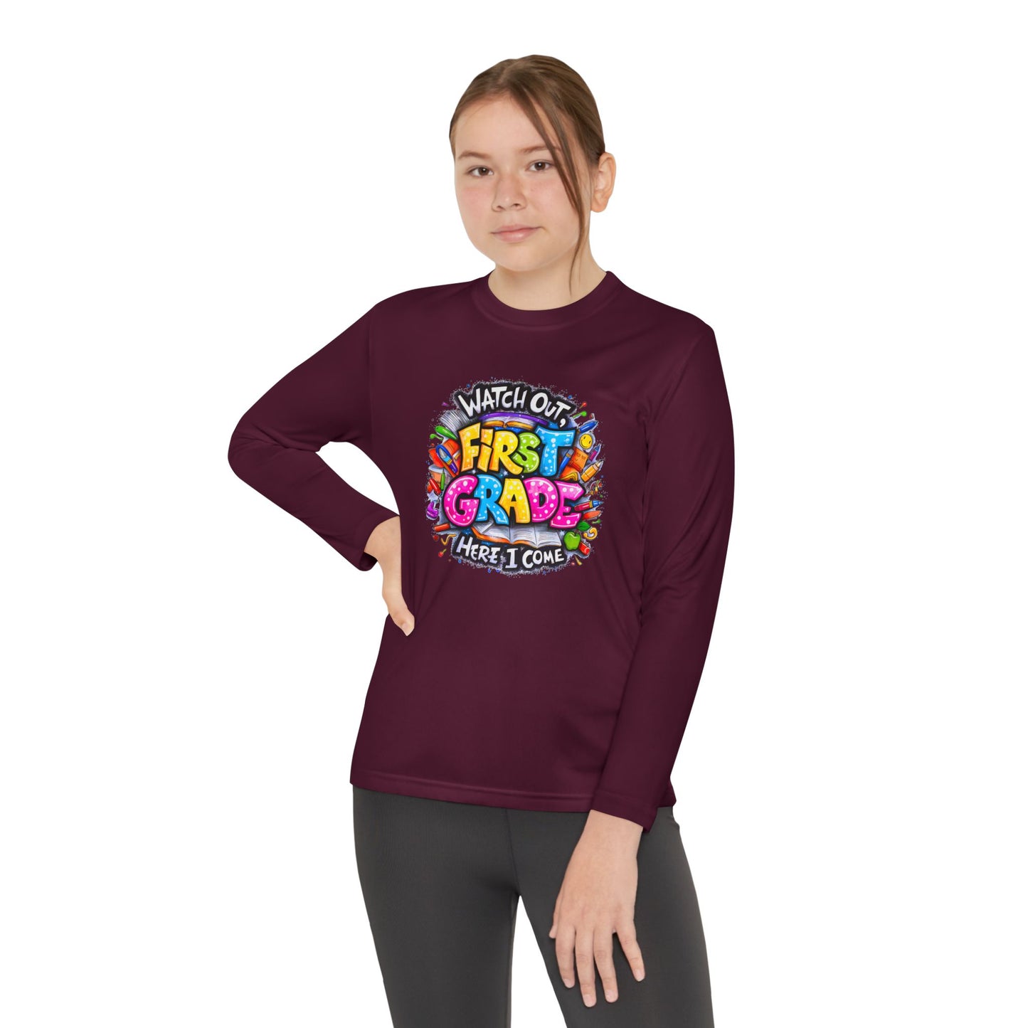 First Grade Kids Long Sleeve Tee — "Watch Out! First Grade Here I Come" Back-to-School Shirt