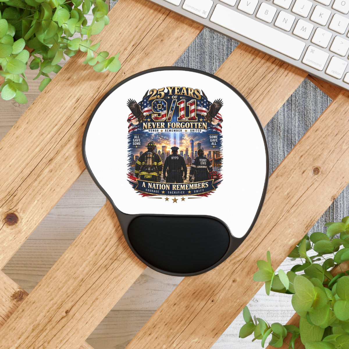 9/11 Remembrance Mouse Pad with Wrist Rest — '25 Years Never Forgotten' Memorial Design