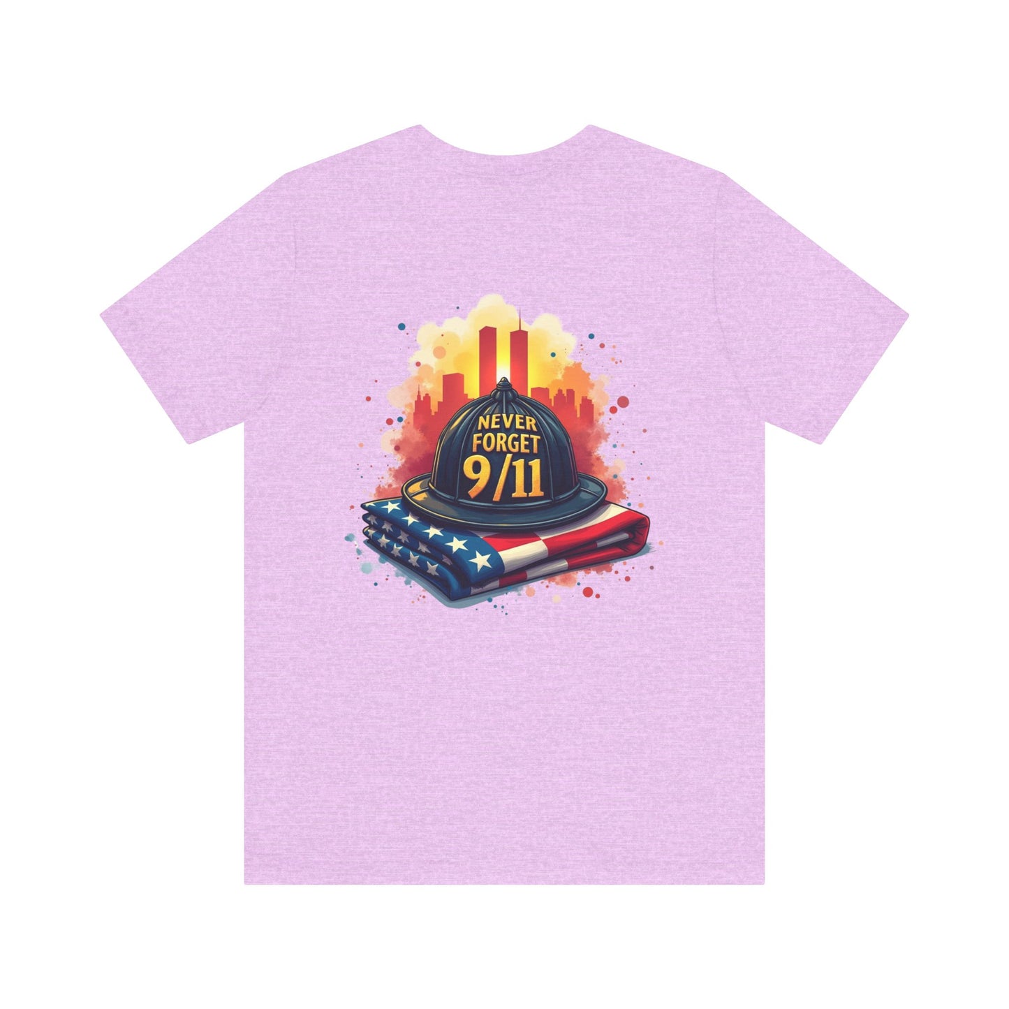 Never Forget 9/11 Memorial T-Shirt — Firefighter Helmet & Flag Tribute Tee