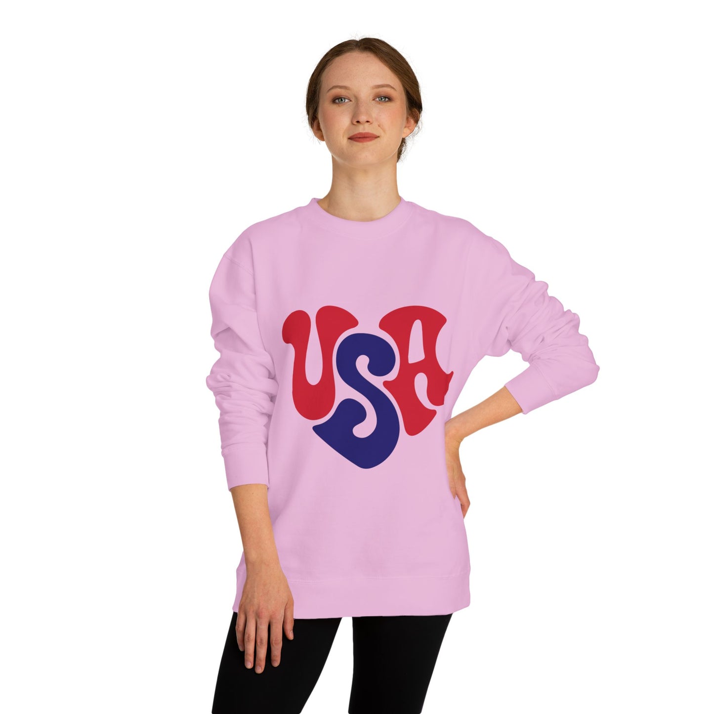 USA Heart Crewneck Sweatshirt — Retro Red & Blue Patriotic Pullover