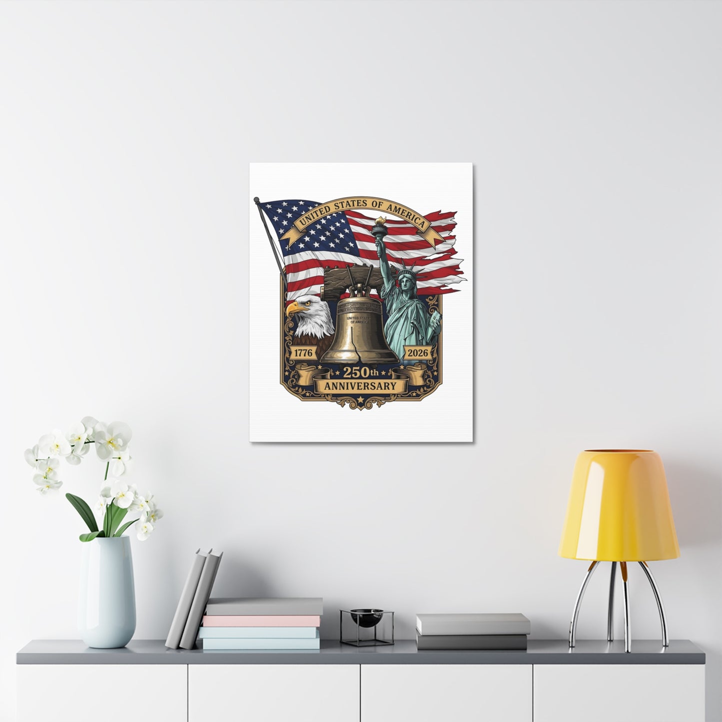 250th Anniversary USA Canvas Wall Art – Liberty Bell, Eagle & Flag Stretched Canvas