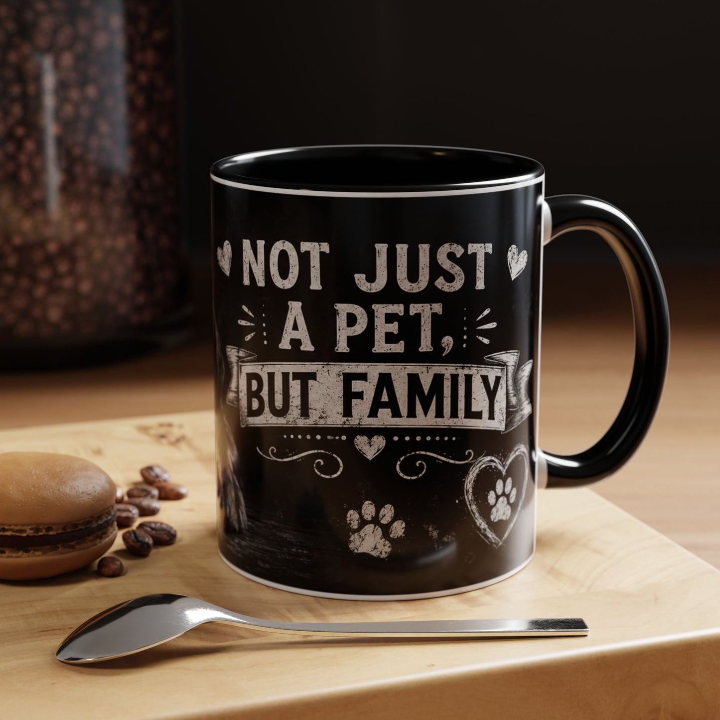 Accent Coffee Mug — "Not Just a Pet, But Family" Black Dog Chalkboard Design (11/15oz)