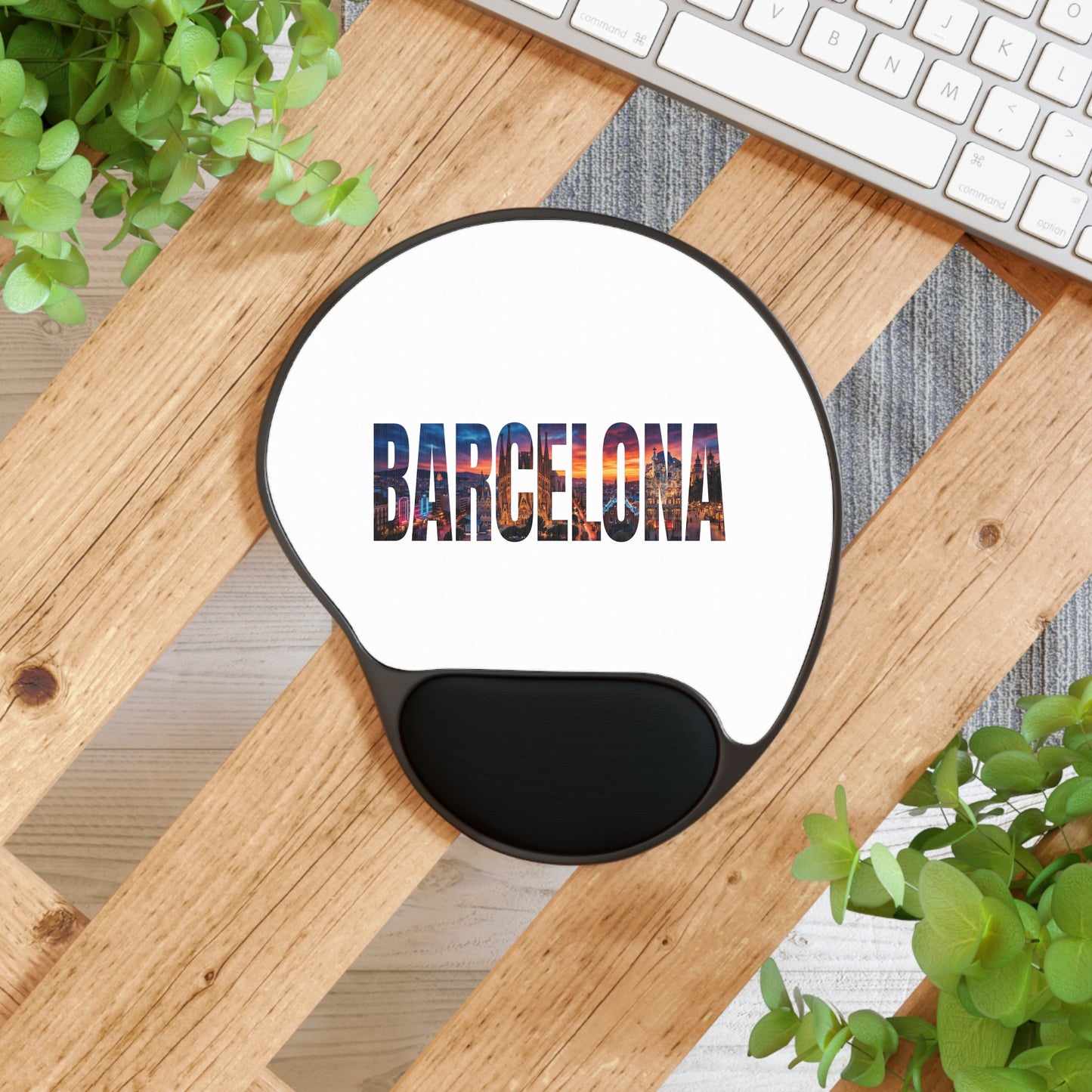 Barcelona Photo Text Mouse Pad with Ergonomic Wrist Rest