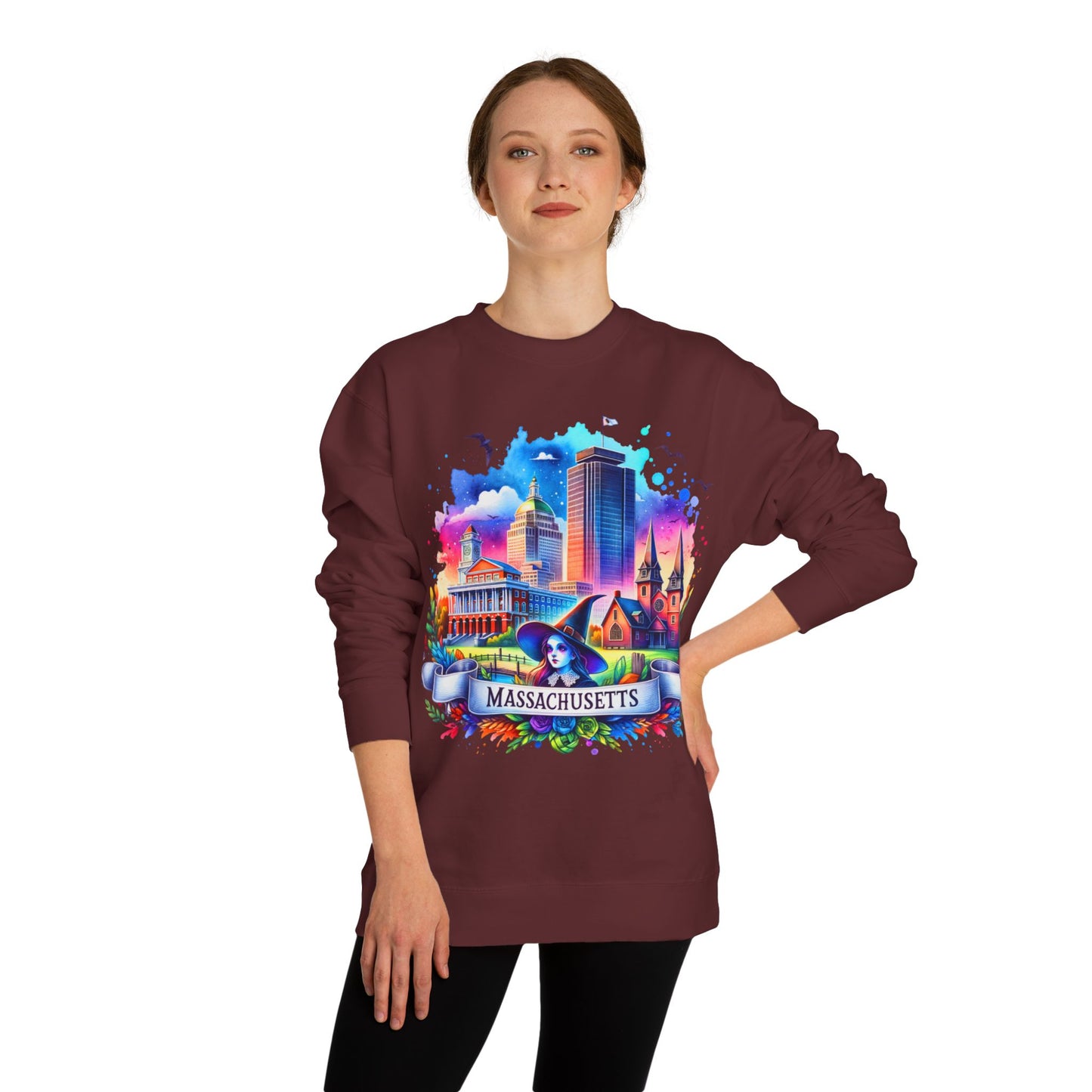 Massachusetts Skyline Crewneck Sweatshirt — Colorful Boston Landmark Graphic