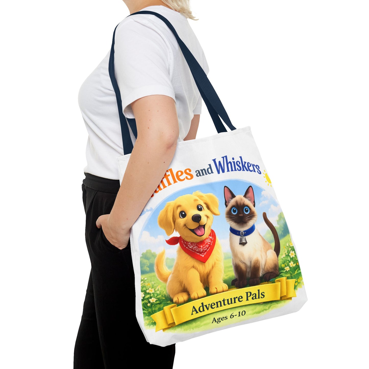 Waffles & Whiskers Adventure Pals Tote Bag — Cute Puppy and Kitten Kids Book Design