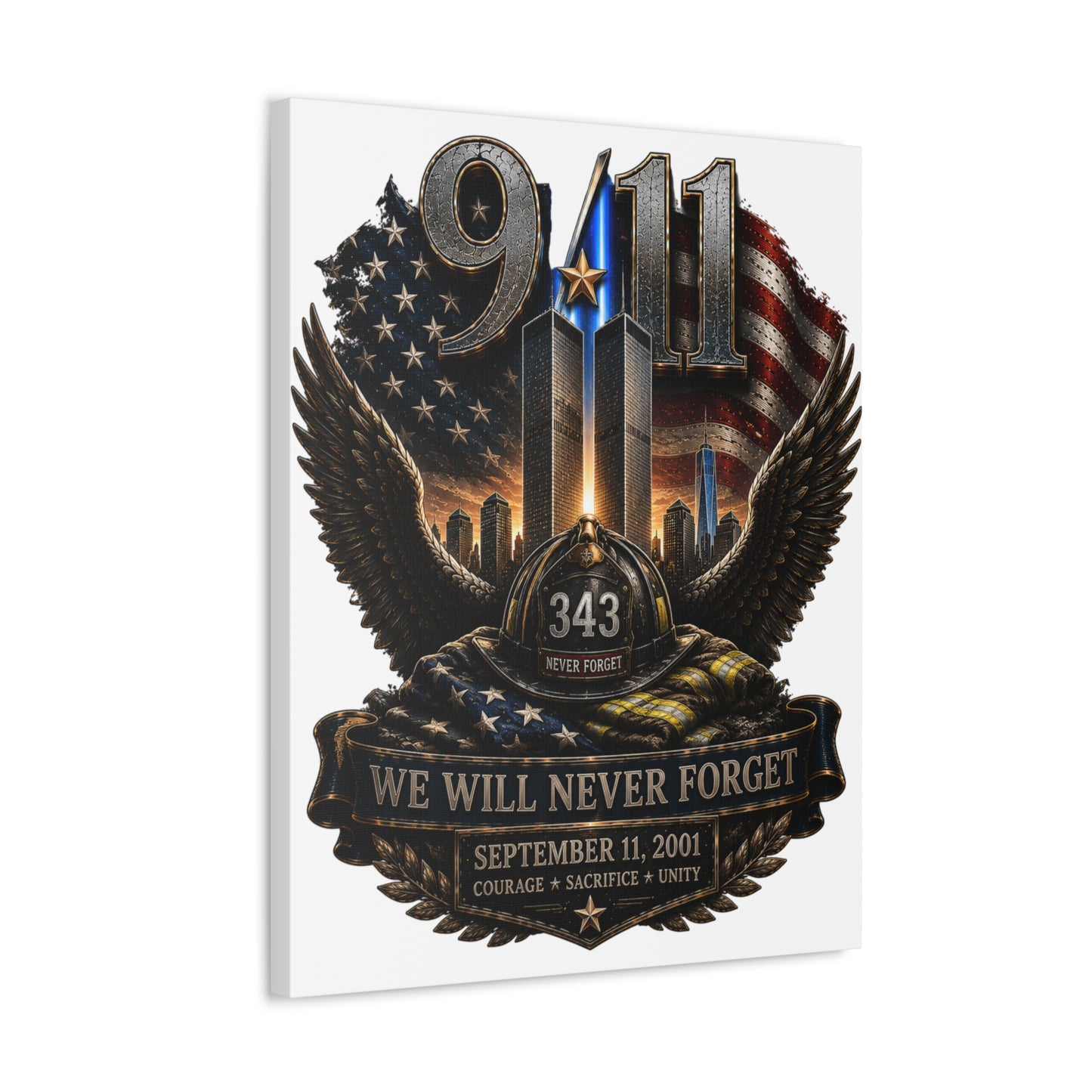 9/11 Memorial Stretched Canvas — "We Will Never Forget" Tribute Art (September 11, 2001)