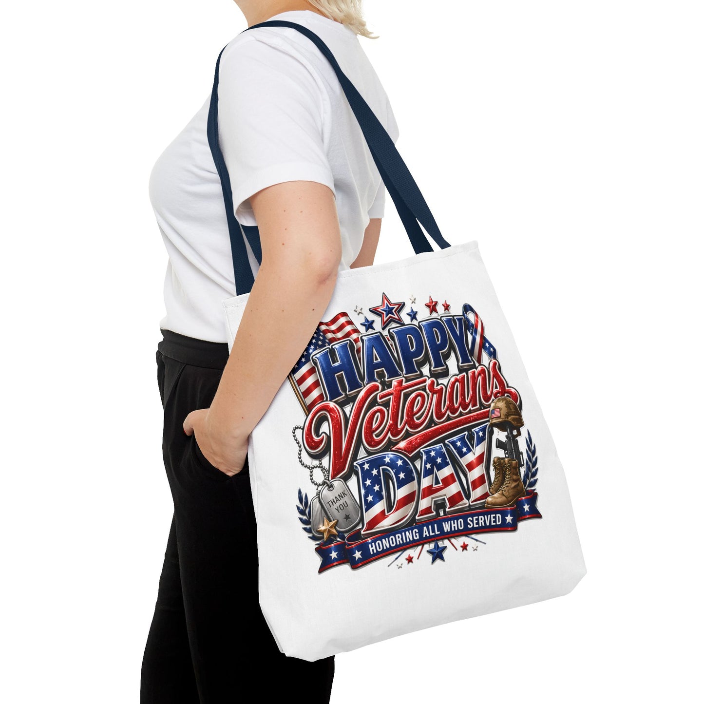 Veterans Day Tote Bag — "Happy Veterans Day" Patriotic All-Over Print