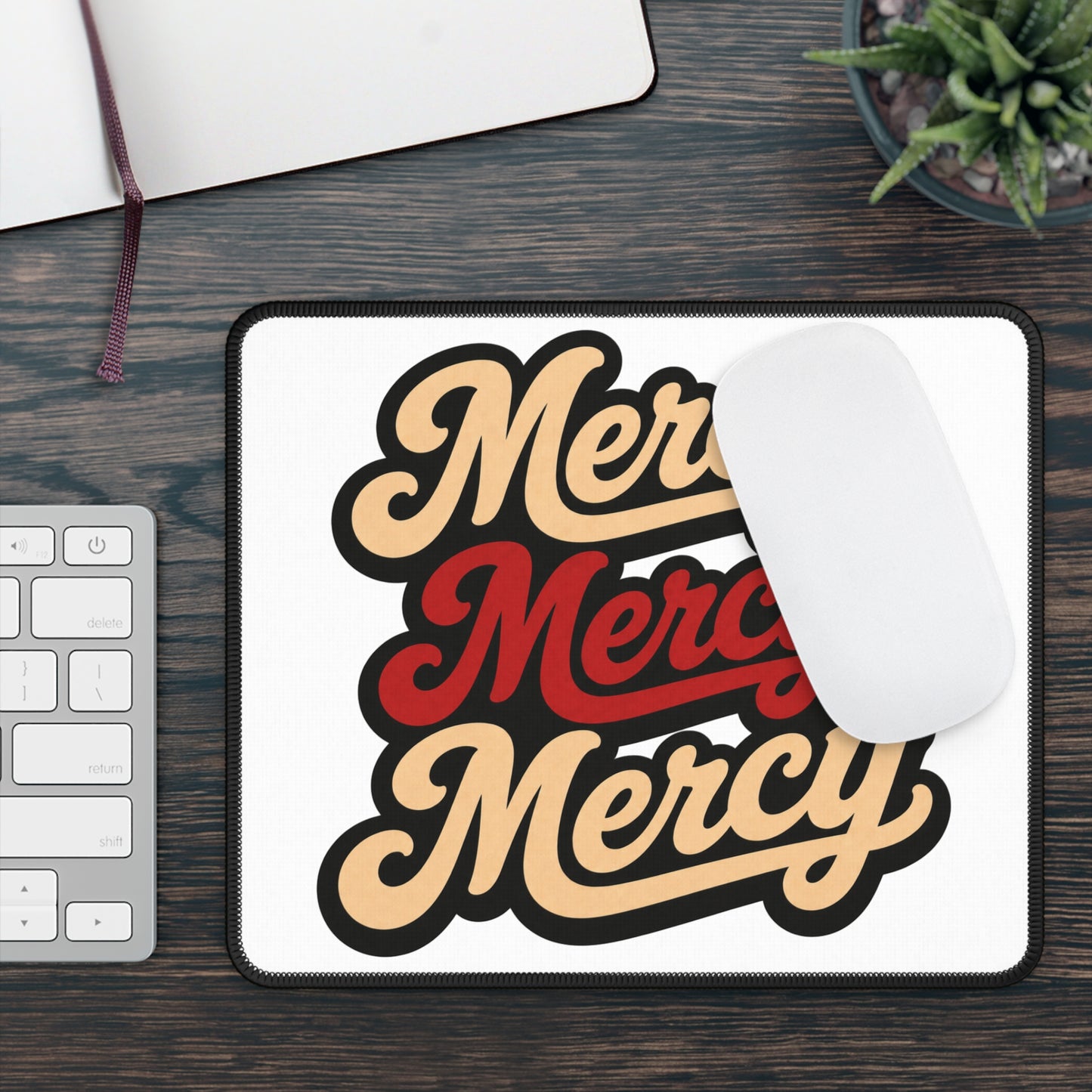 Mercy Mercy Mercy Retro Script Gaming Mouse Pad — Vintage Arcade Desk Mat