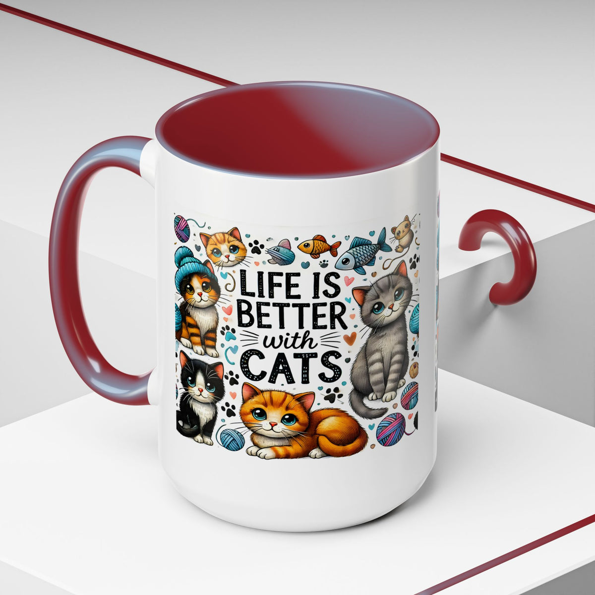 Life Is Better With Cats Accent Coffee Mug – Cute Kitten Ceramic Tea Cup (11/15oz)