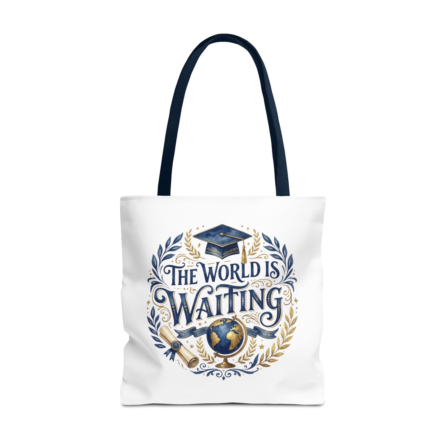 Graduation Tote Bag – "The World Is Waiting" Cap & Globe Design