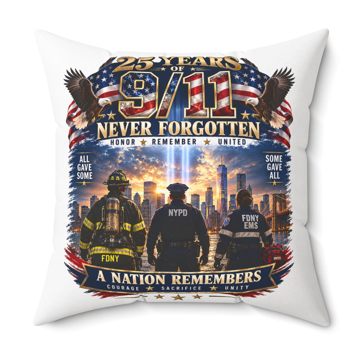 9/11 Never Forgotten Memorial Pillow - 25 Years Tribute Decorative Cushion