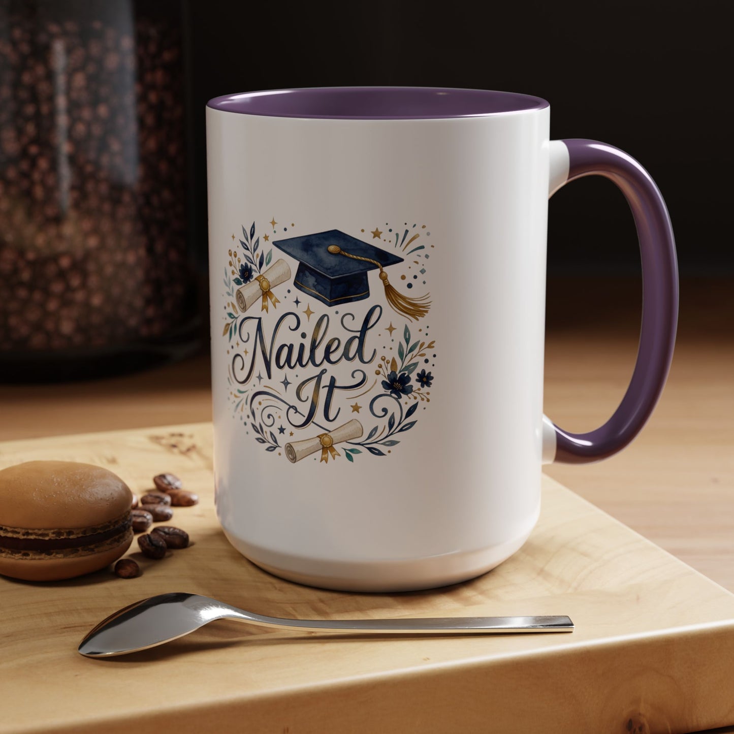Nailed It Graduation Coffee Mug – Navy Cap & Floral 11/15oz Accent Mug