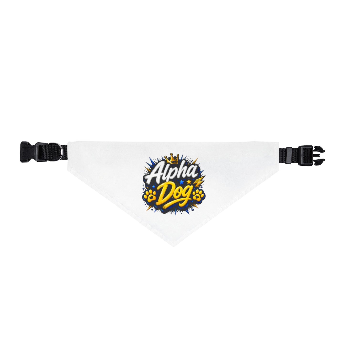 Alpha Dog Clip-On Pet Bandana — White Pet Neck Scarf with 'Alpha Dog' Graphic