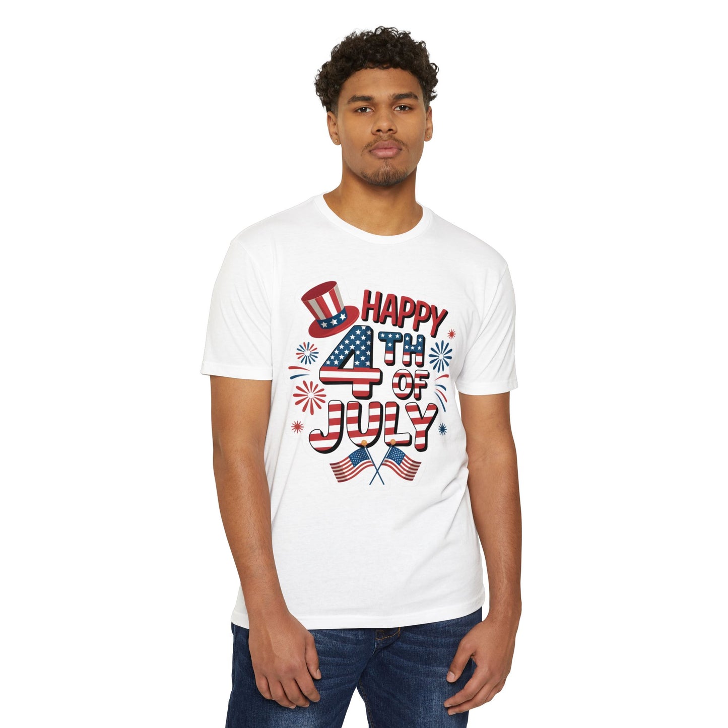 4th of July T-Shirt - Happy 4th of July Patriotic Tee with Flags & Fireworks