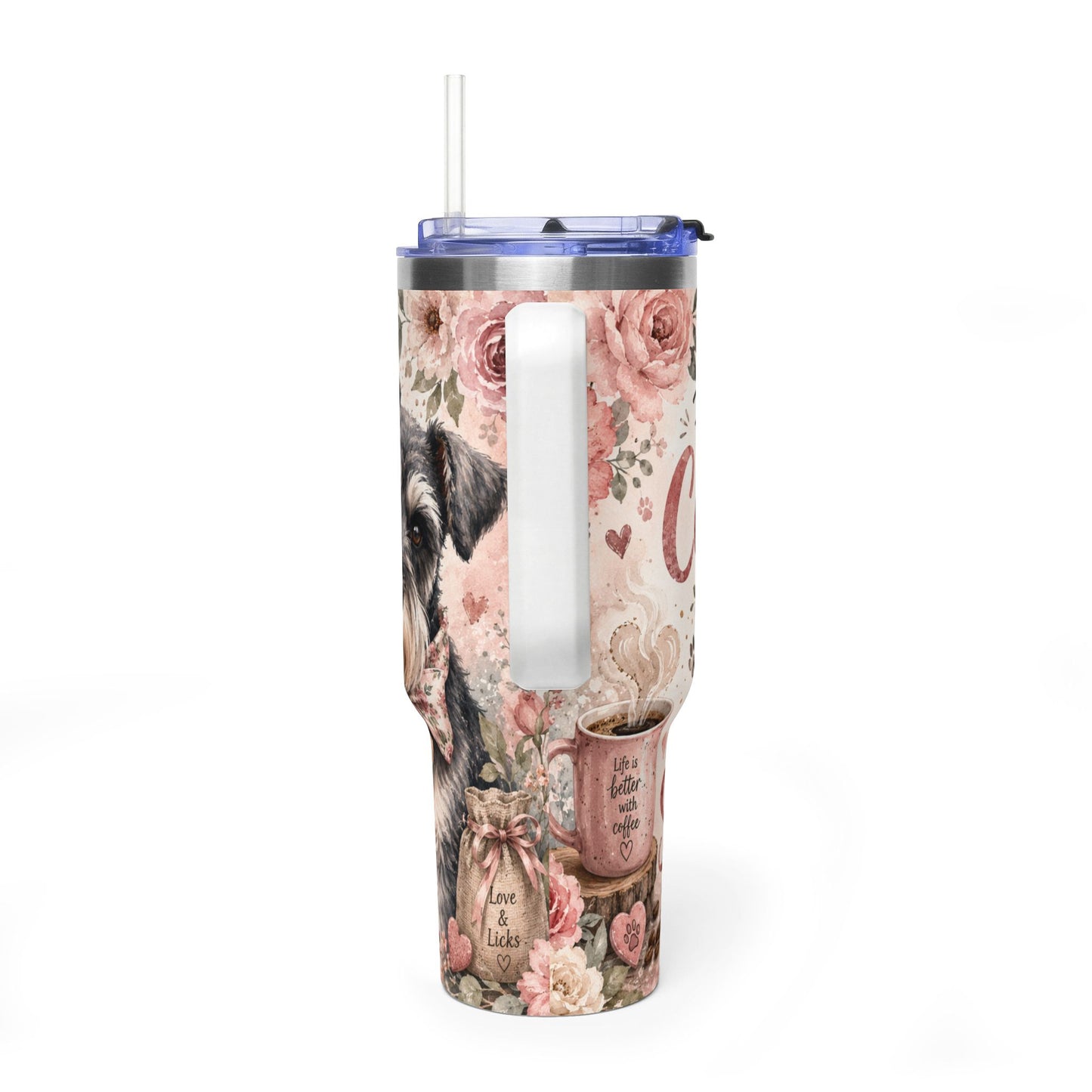 40oz Vacuum Tumbler - "Fueled By Coffee & My Miniature Schnauzer" Floral Dog Travel Cup