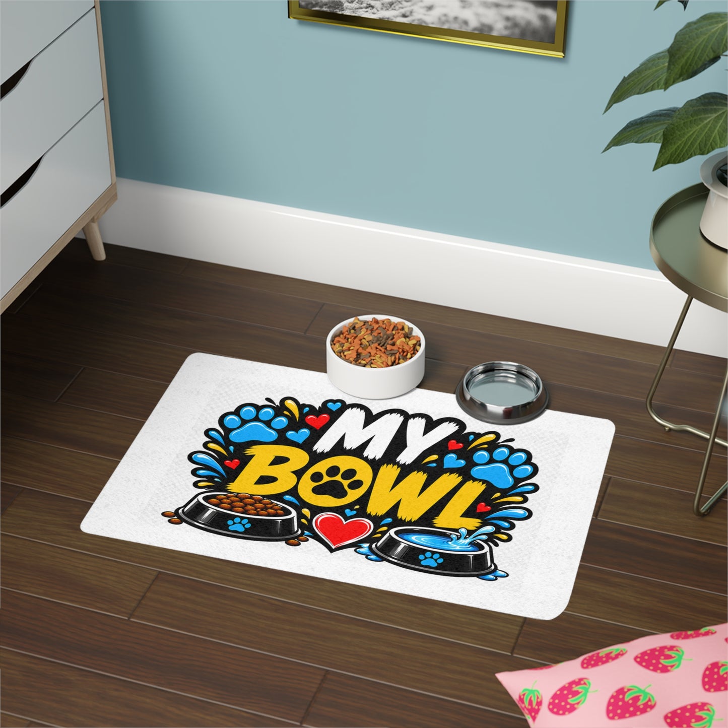 Pet Food Mat 12x18 – "My Bowl" Paw Print Feeding Mat for Dogs & Cats