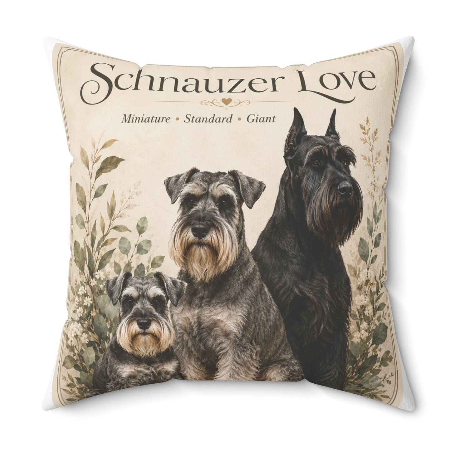 Schnauzer Love Throw Pillow — Decorative Dog Breed Cushion (Miniature, Standard, Giant)