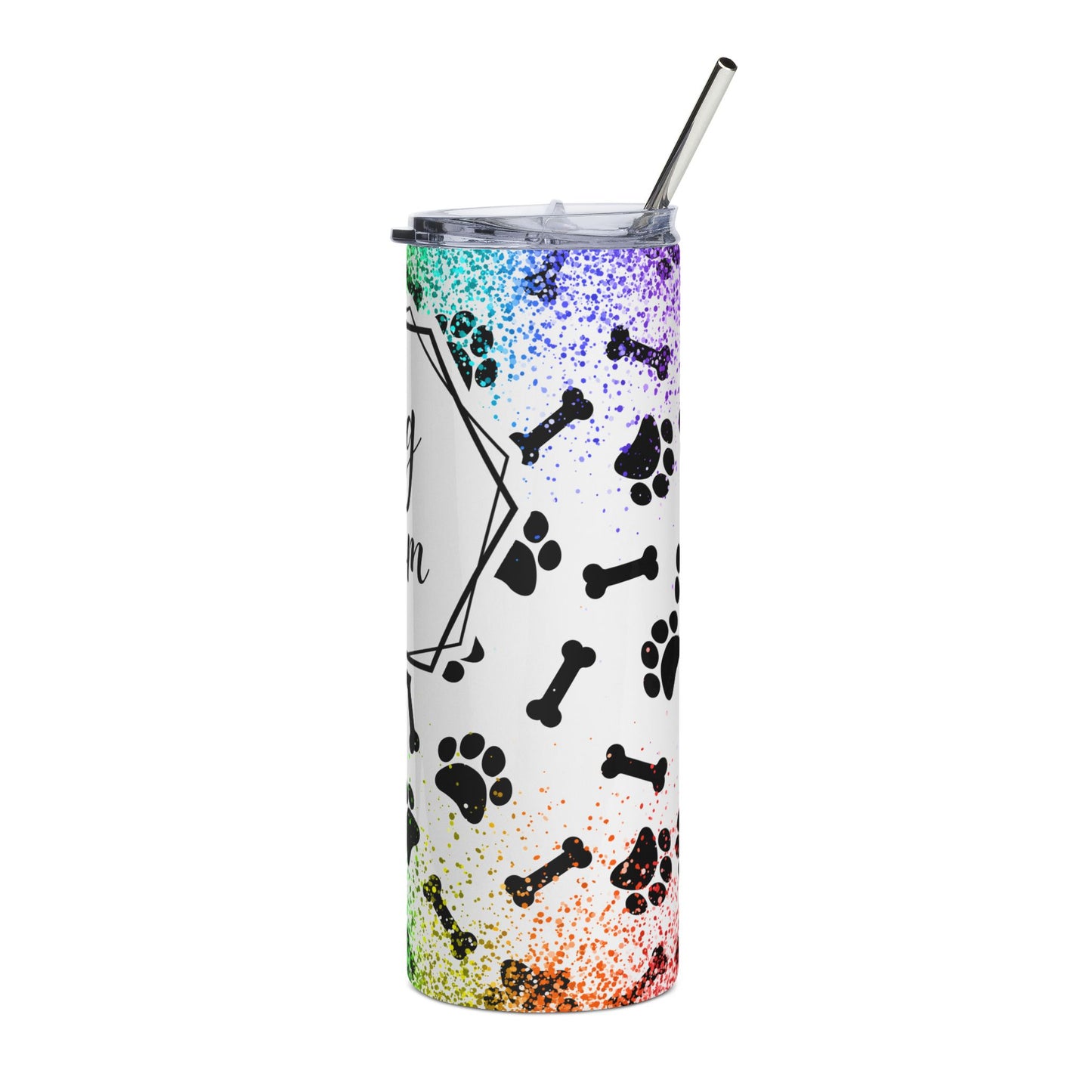 Dog Mom Stainless Steel Tumbler — 20oz Rainbow Paw Print Travel Cup