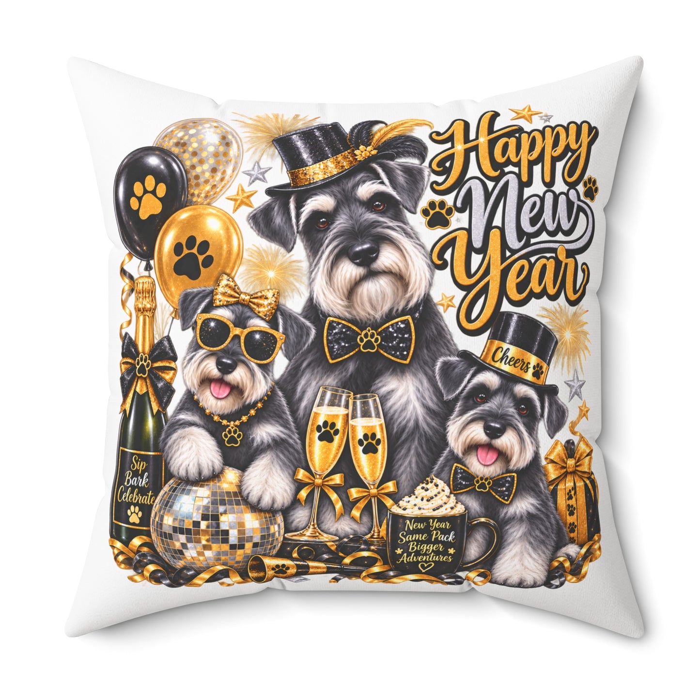 Happy New Year Schnauzer Pillow — Festive Gold Party Decorative Throw Pillow