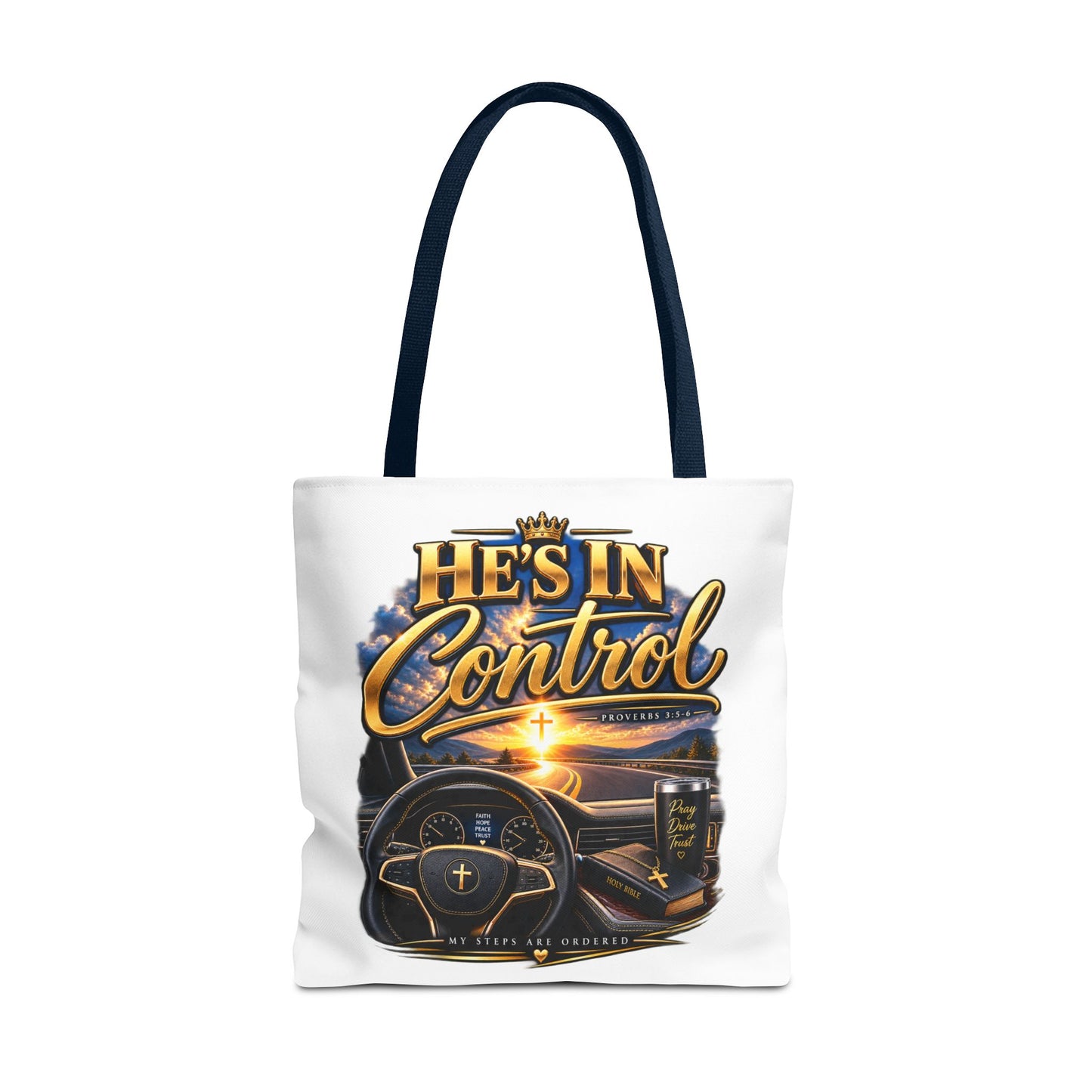 He's In Control Christian Tote Bag — Faith-Inspired Inspirational Grocery & Daily Carry AOP