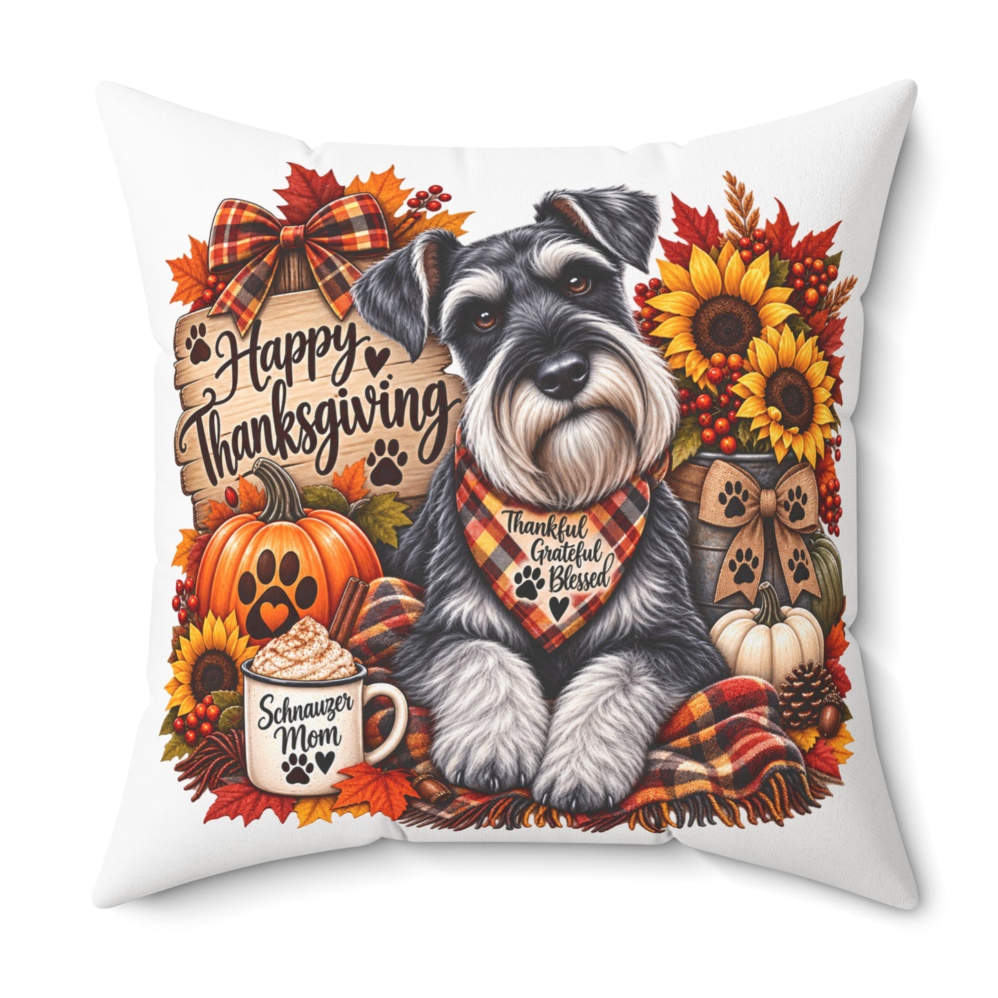 Happy Thanksgiving Schnauzer Pillow — Fall Decor Square Cushion