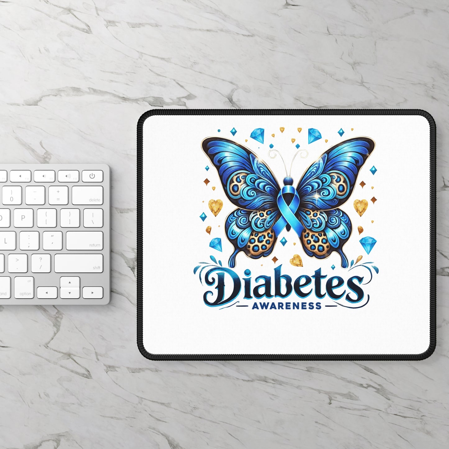 Diabetes Awareness Gaming Mouse Pad — Blue Ribbon Butterfly Design