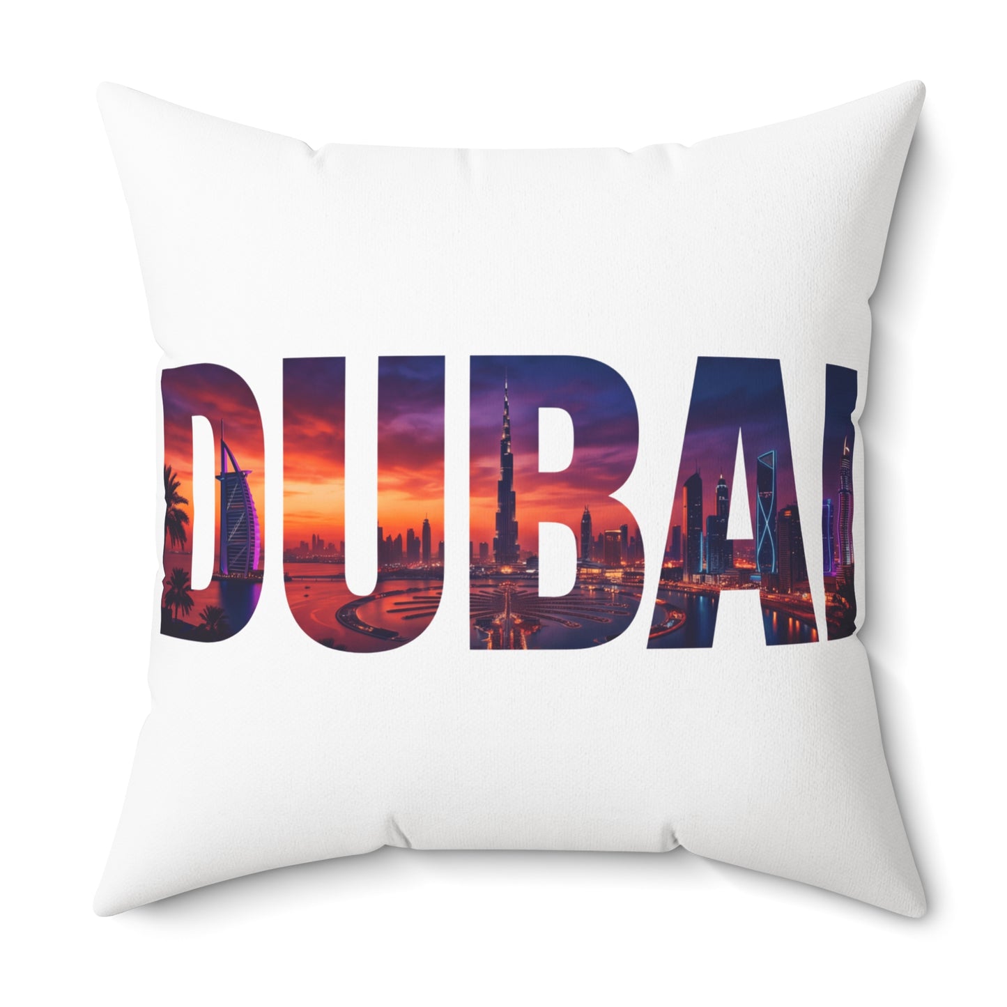 Dubai Skyline Photo-Text Throw Pillow — Travel Souvenir Decorative Cushion