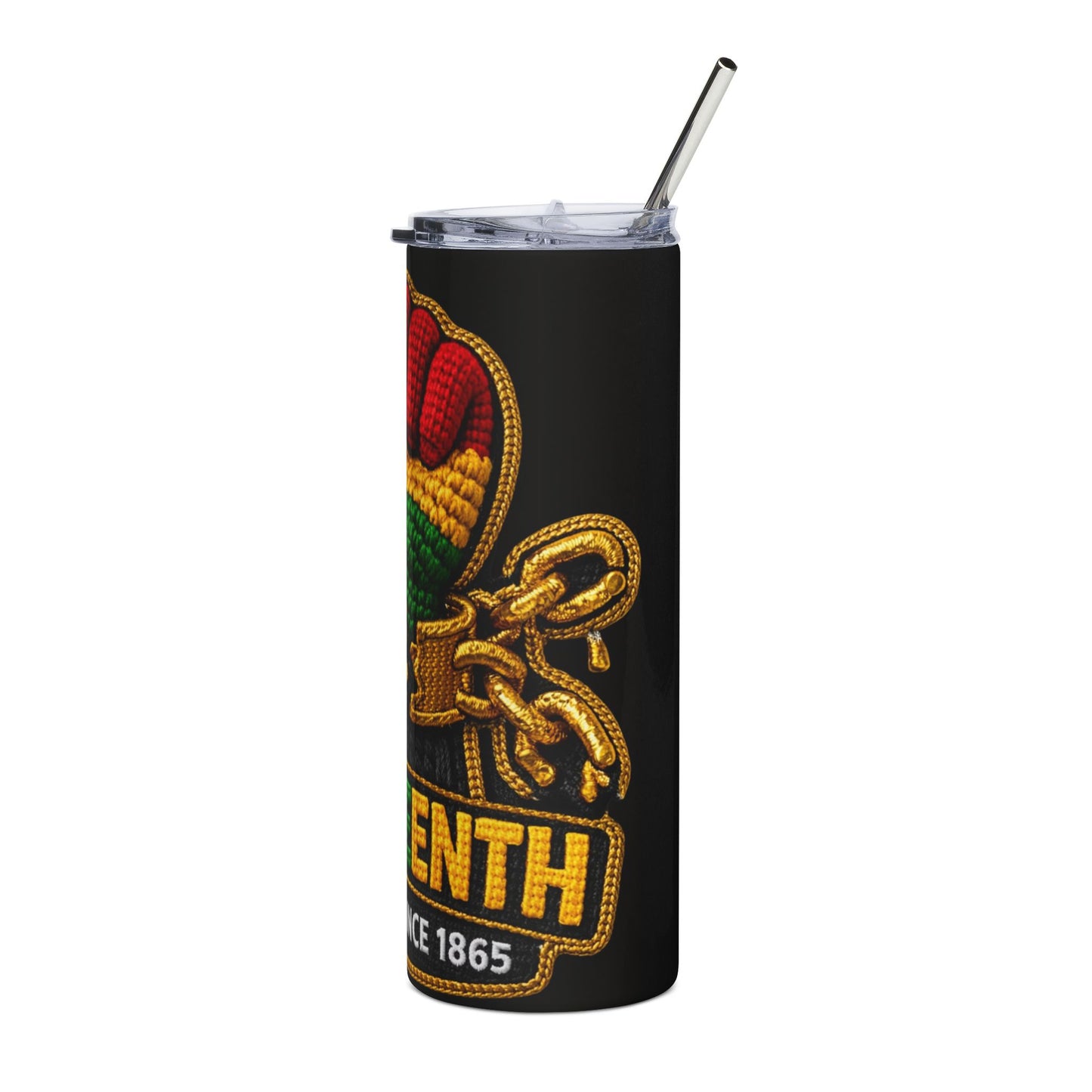 Juneteenth Stainless Tumbler — "Free-ish Since 1865" Red Green Yellow Fist Design