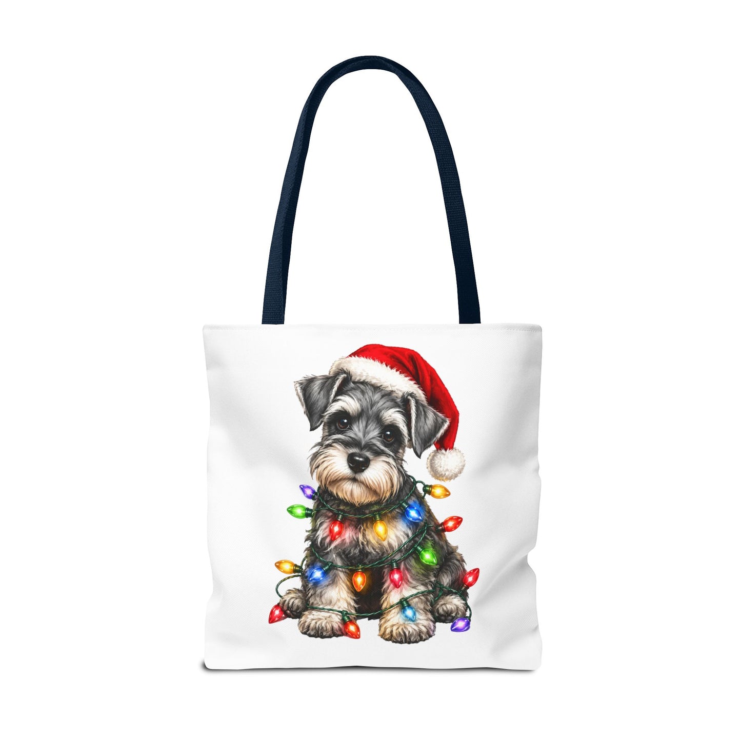 Christmas Schnauzer Tote Bag — Cute Puppy with Santa Hat & Holiday Lights