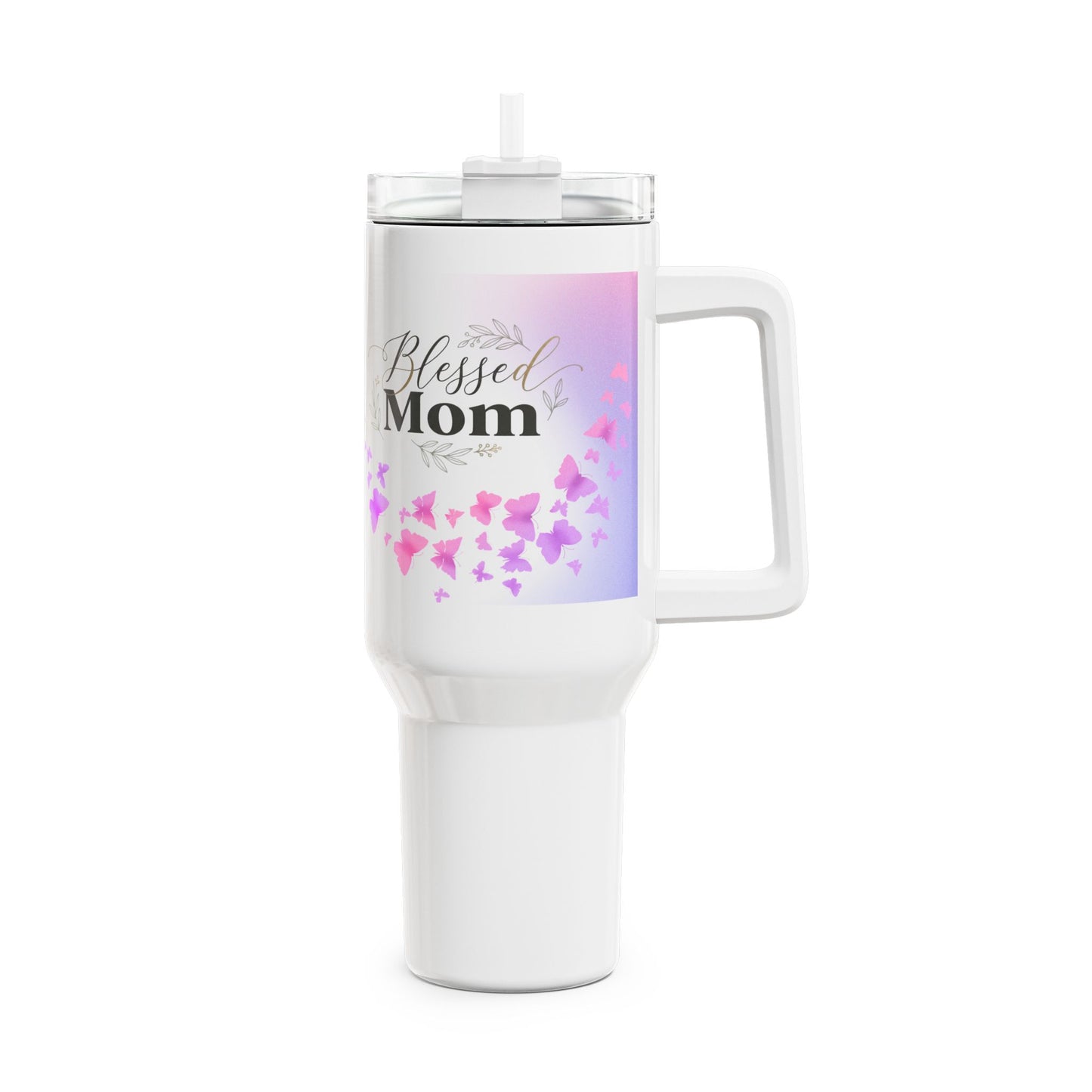 Blessed Mom 40oz Tumbler — Insulated Travel Mug with Pink Butterfly Design