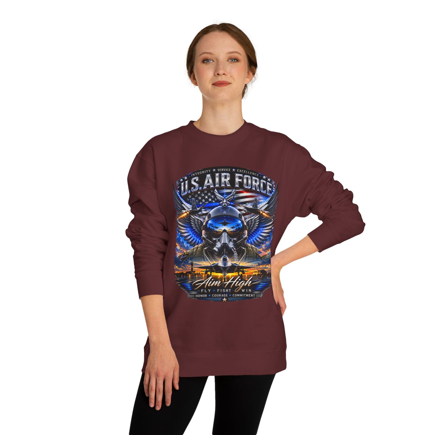 U.S. Air Force Crewneck Sweatshirt — "Aim High" Fighter Jet Graphic