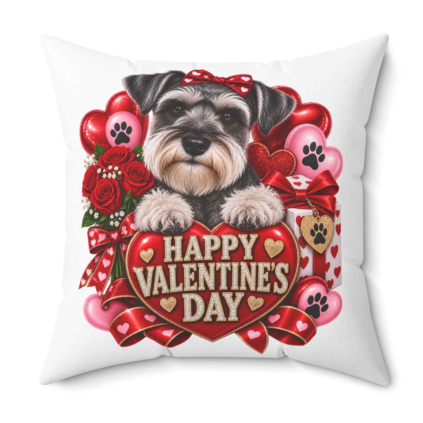 Valentine's Day Schnauzer Pillow — "Happy Valentine’s Day" Decorative Throw Pillow