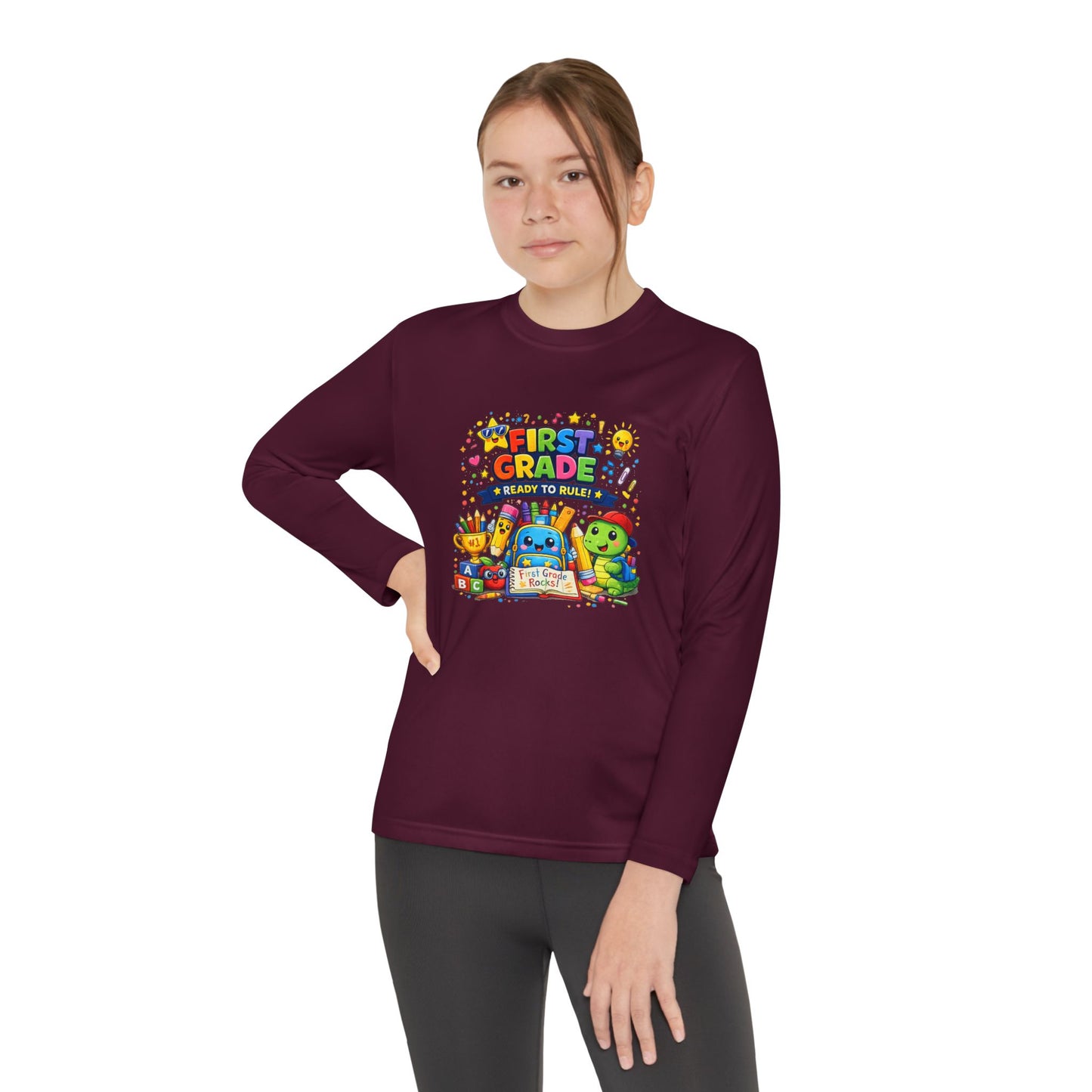 First Grade Ready Youth Long Sleeve Tee — "First Grade Here I Come" Back-to-School Shirt